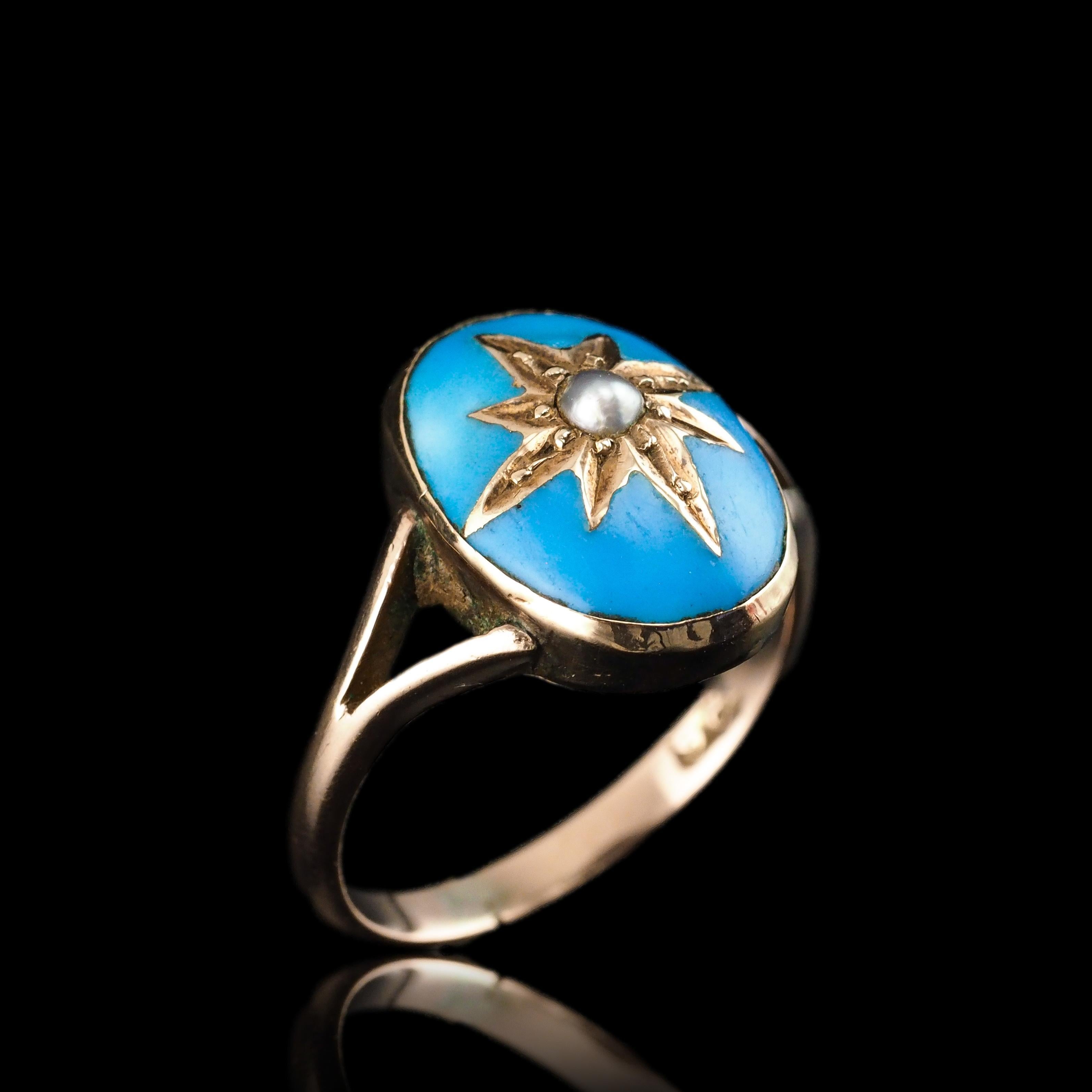 Ancienne bague victorienne en émail bleu et perle étoilée en or 9K - c.1880 en vente 8