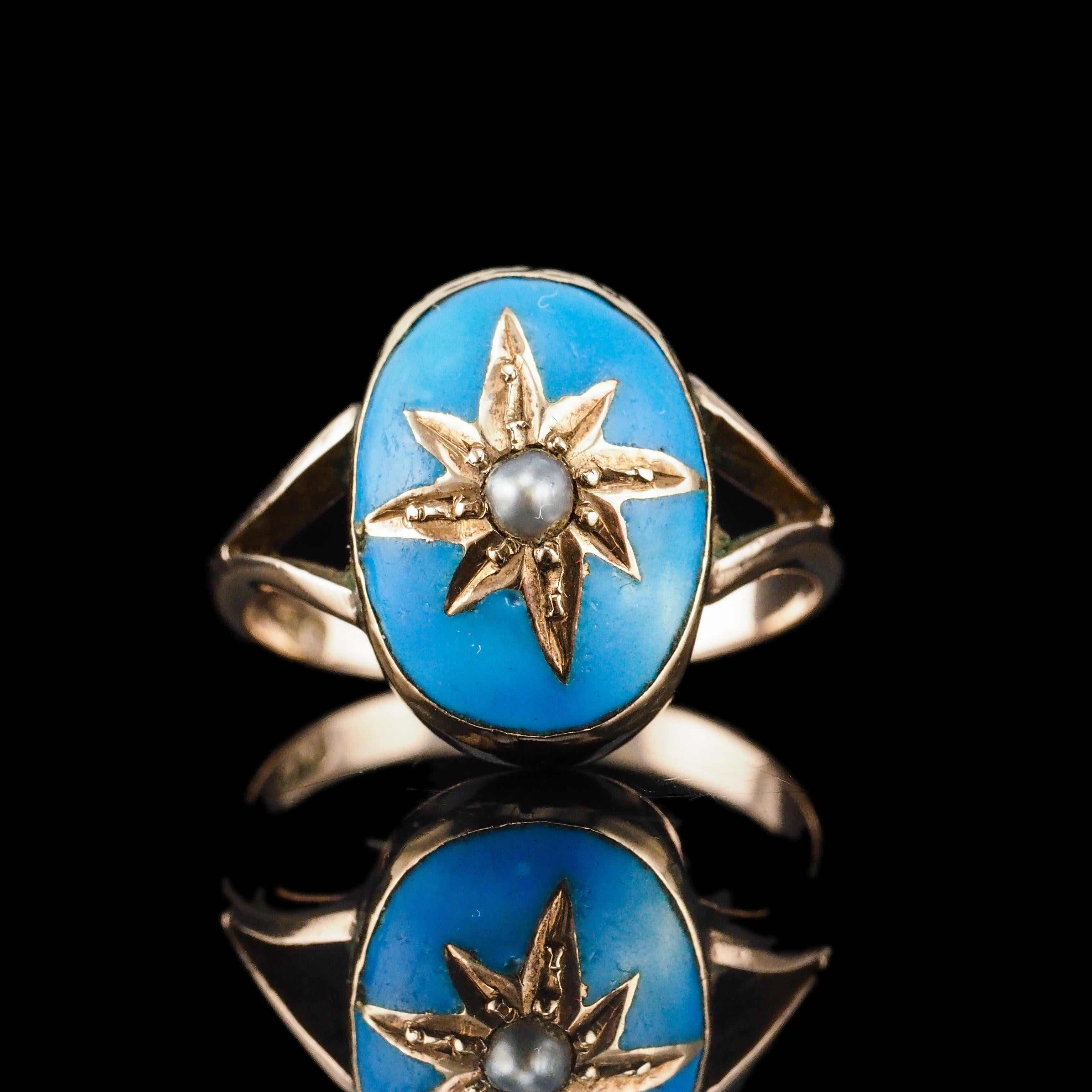 Victorien Ancienne bague victorienne en émail bleu et perle étoilée en or 9K - c.1880 en vente