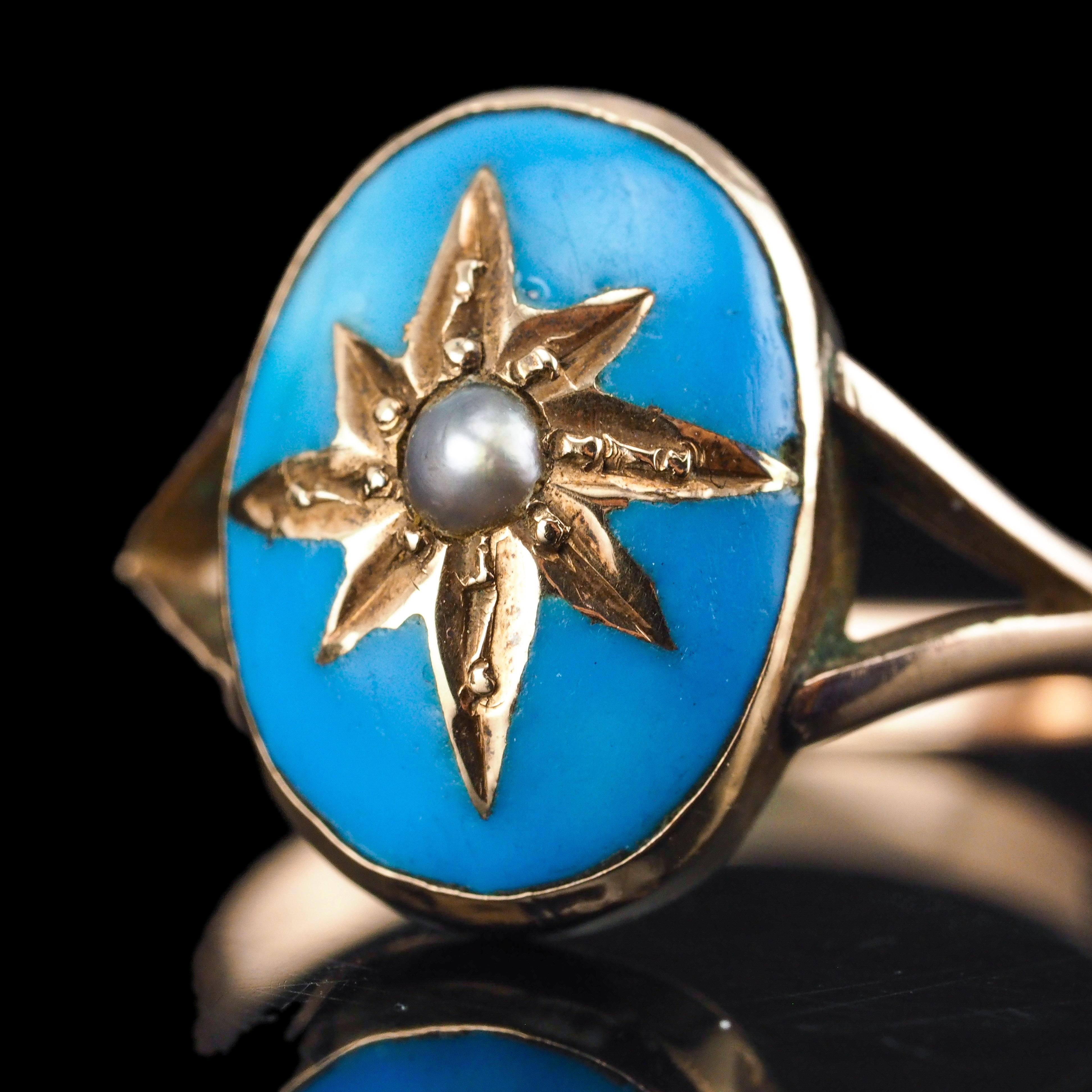 Ancienne bague victorienne en émail bleu et perle étoilée en or 9K - c.1880 Bon état - En vente à London, GB