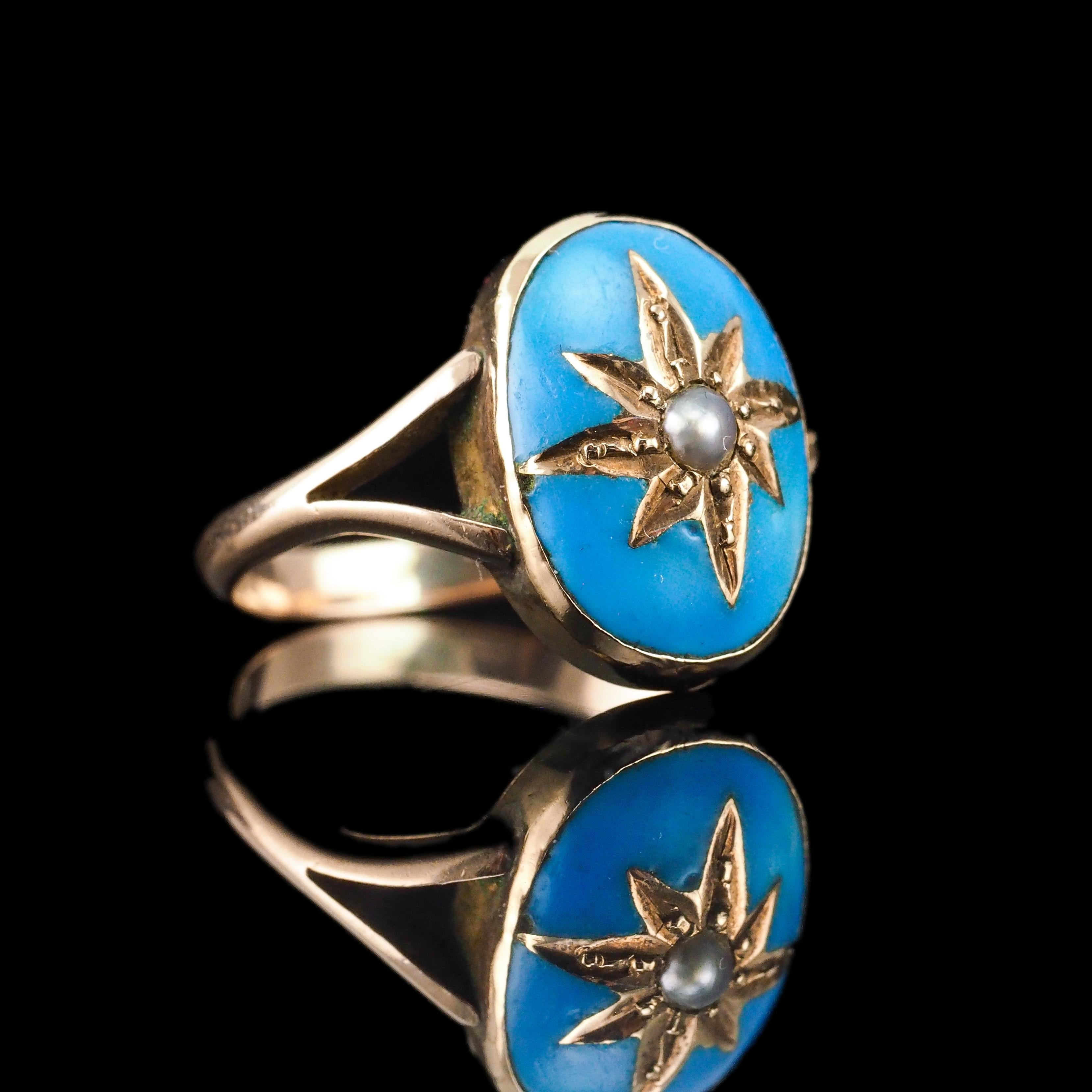 Ancienne bague victorienne en émail bleu et perle étoilée en or 9K - c.1880 en vente 2