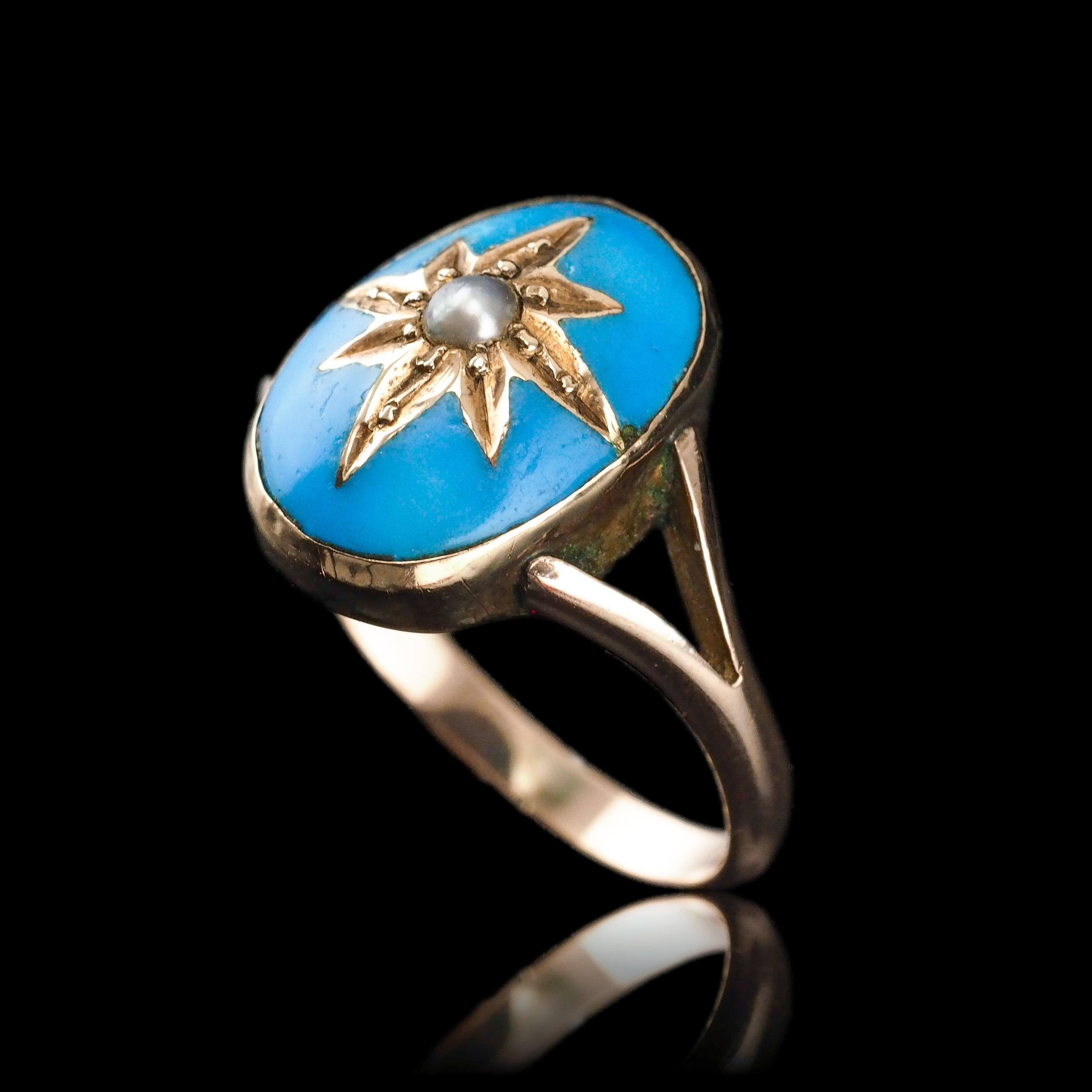 Ancienne bague victorienne en émail bleu et perle étoilée en or 9K - c.1880 en vente 3
