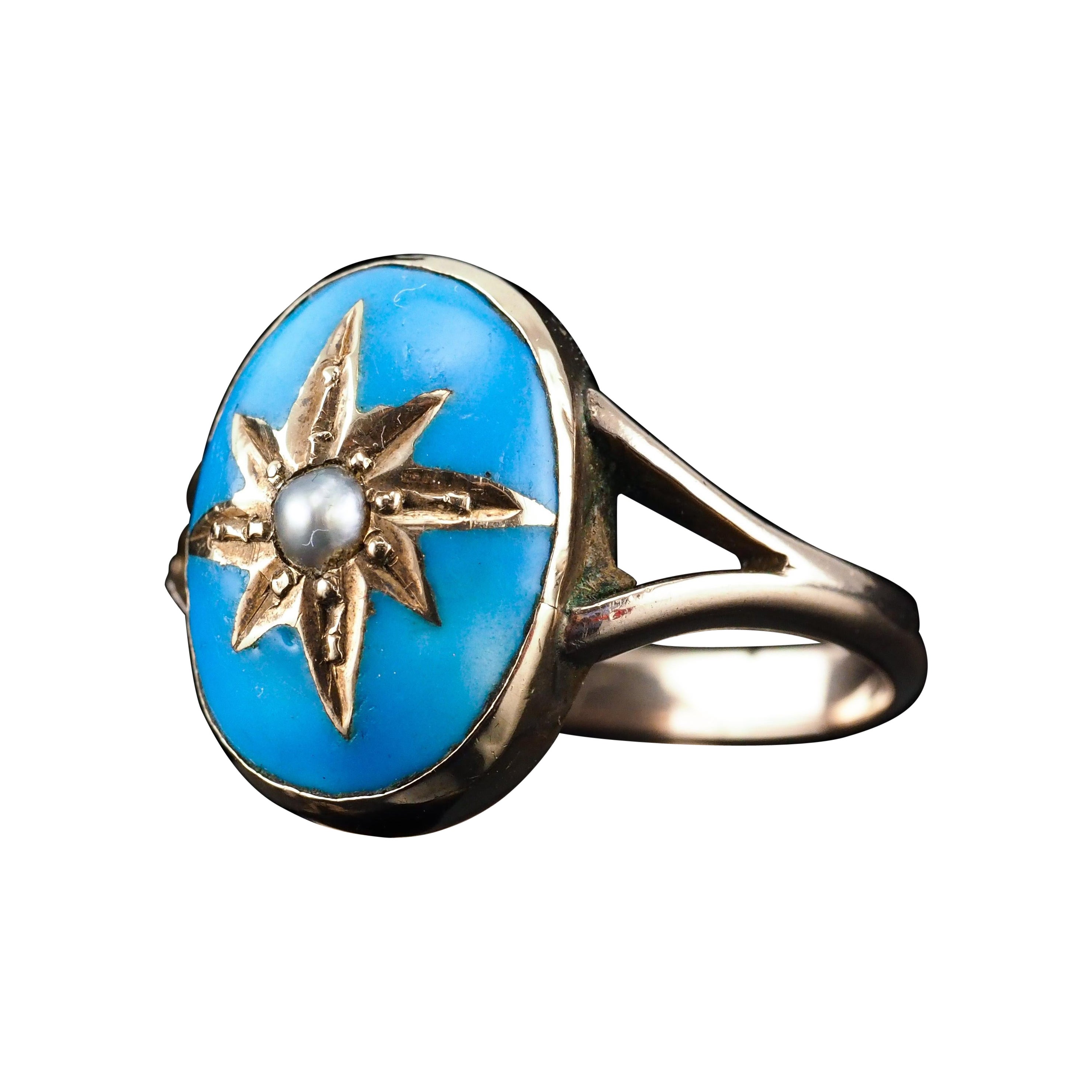 Ancienne bague victorienne en émail bleu et perle étoilée en or 9K - c.1880 en vente