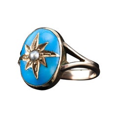 Ancienne bague victorienne en émail bleu et perle étoilée en or 9K - c.1880