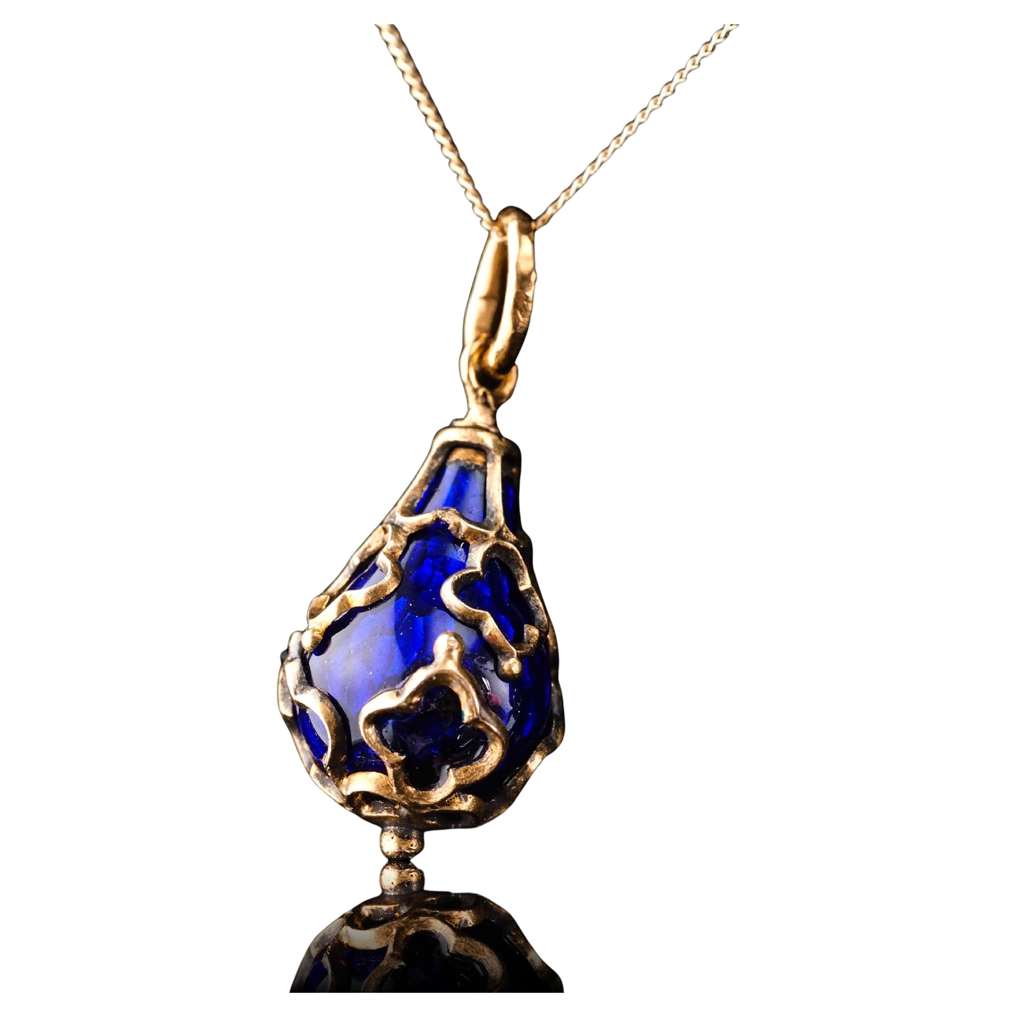 Antique Victorian Blue Enamel Guilloche Drop Pendant Necklace 15K Gold c.1900 For Sale