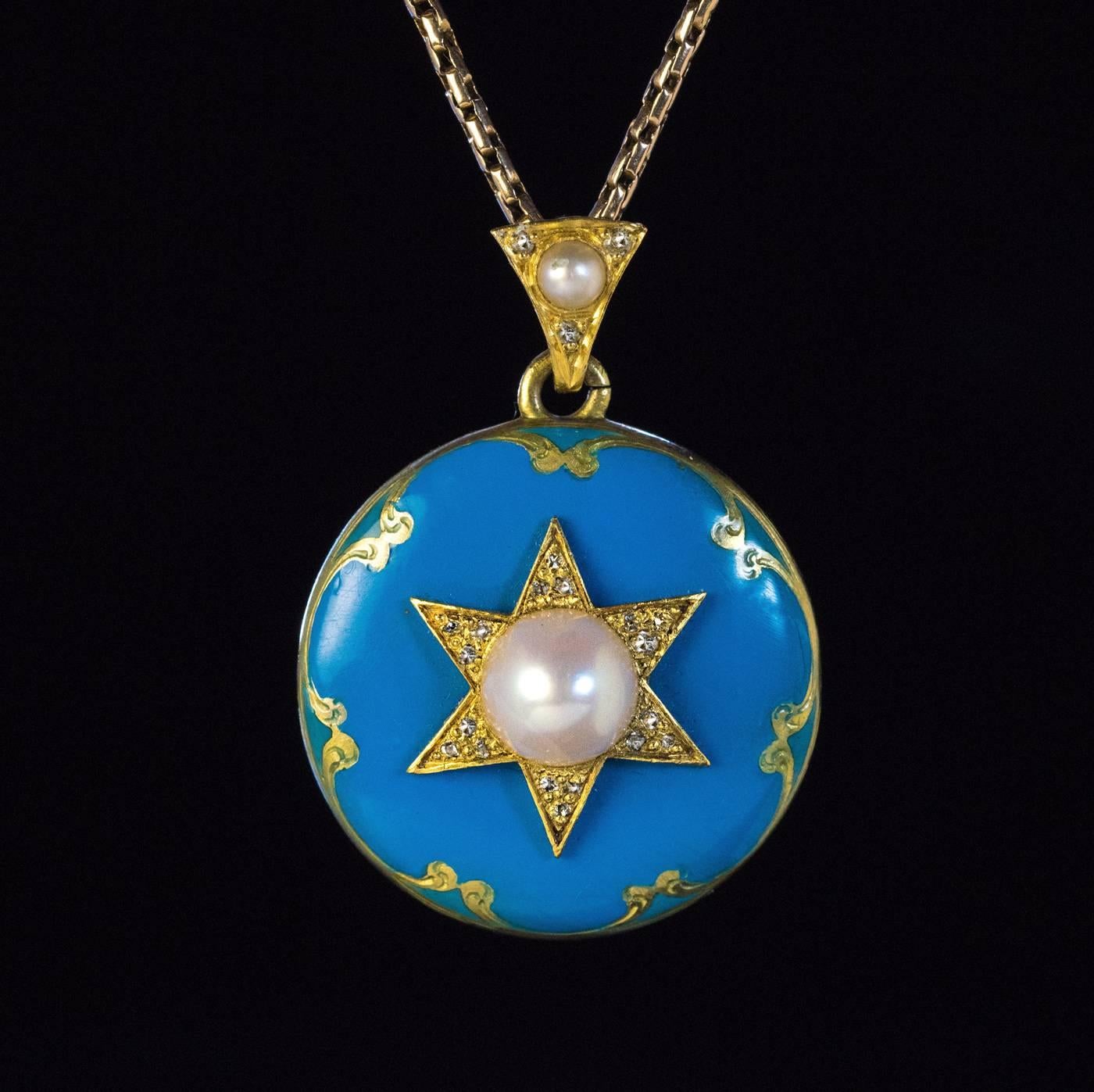 Antique Victorian Blue Enamel Pearl Diamond Gold Pendant In Excellent Condition In Chicago, IL