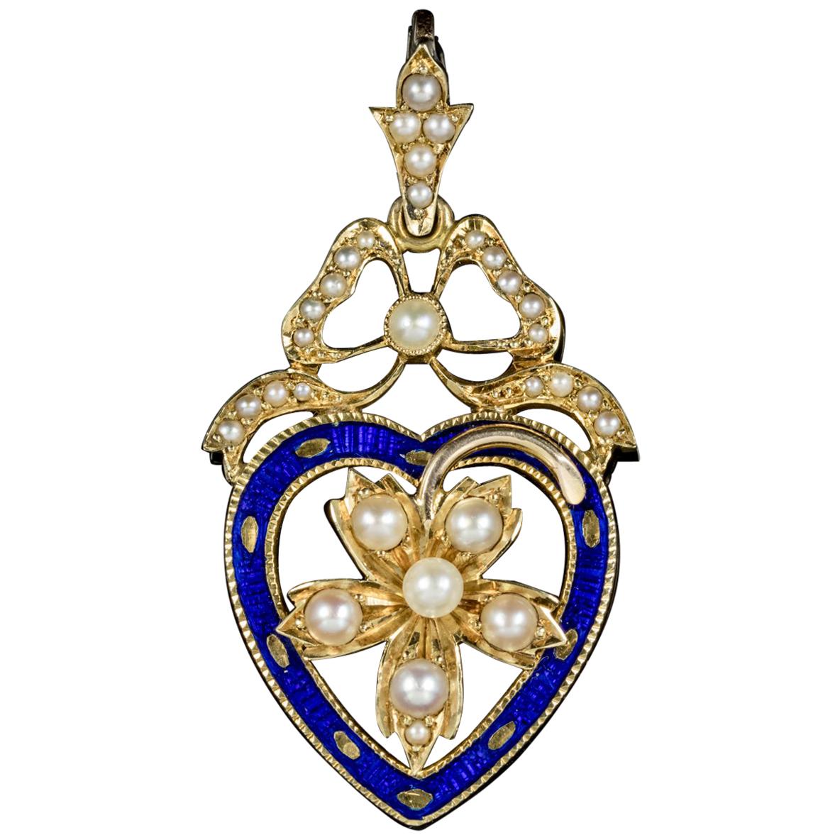 Antique Victorian Blue Enamel Pearl Heart Pendant circa 1900 Boxed