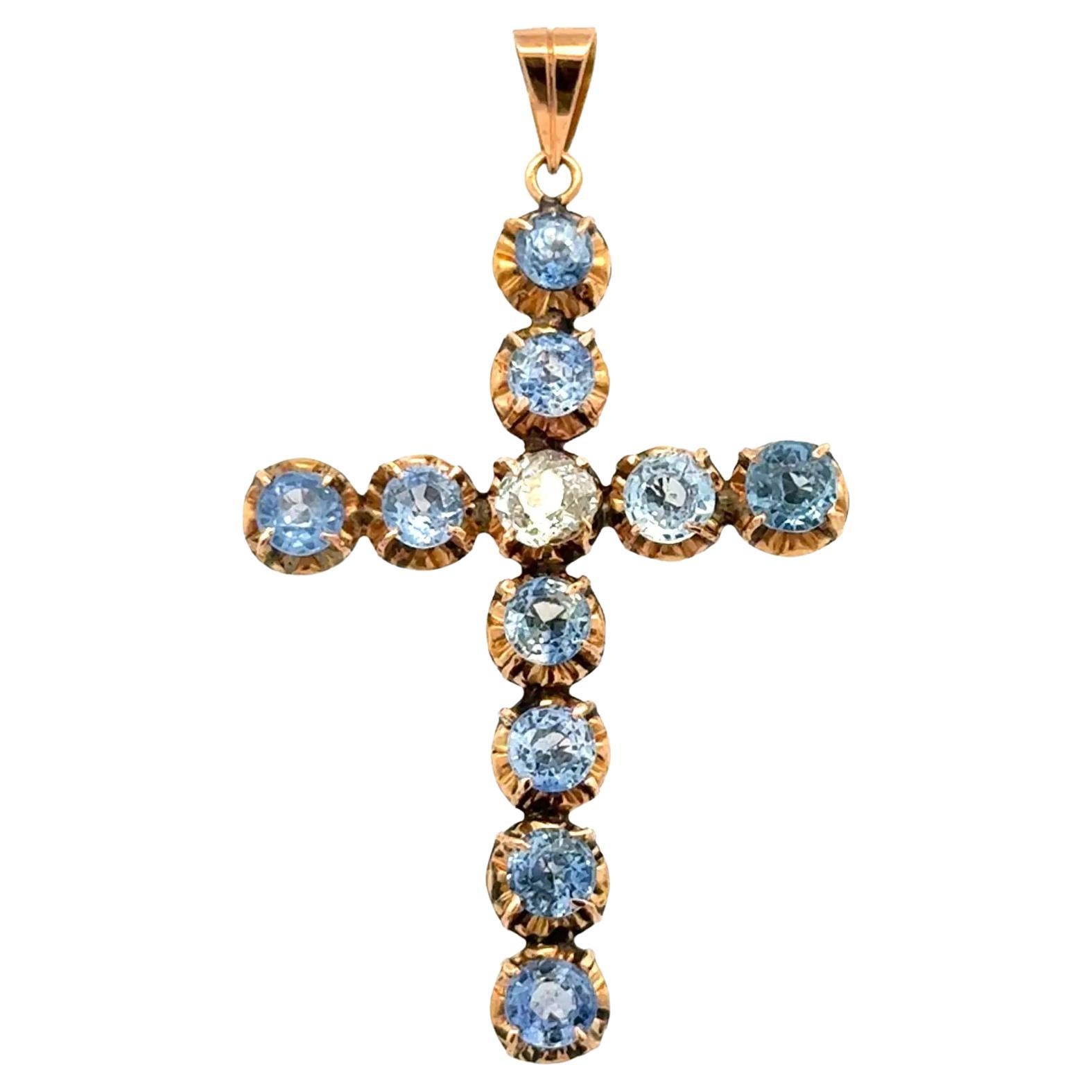 Antique Victorian Blue Sapphire and Diamond Gold Cross Pendant