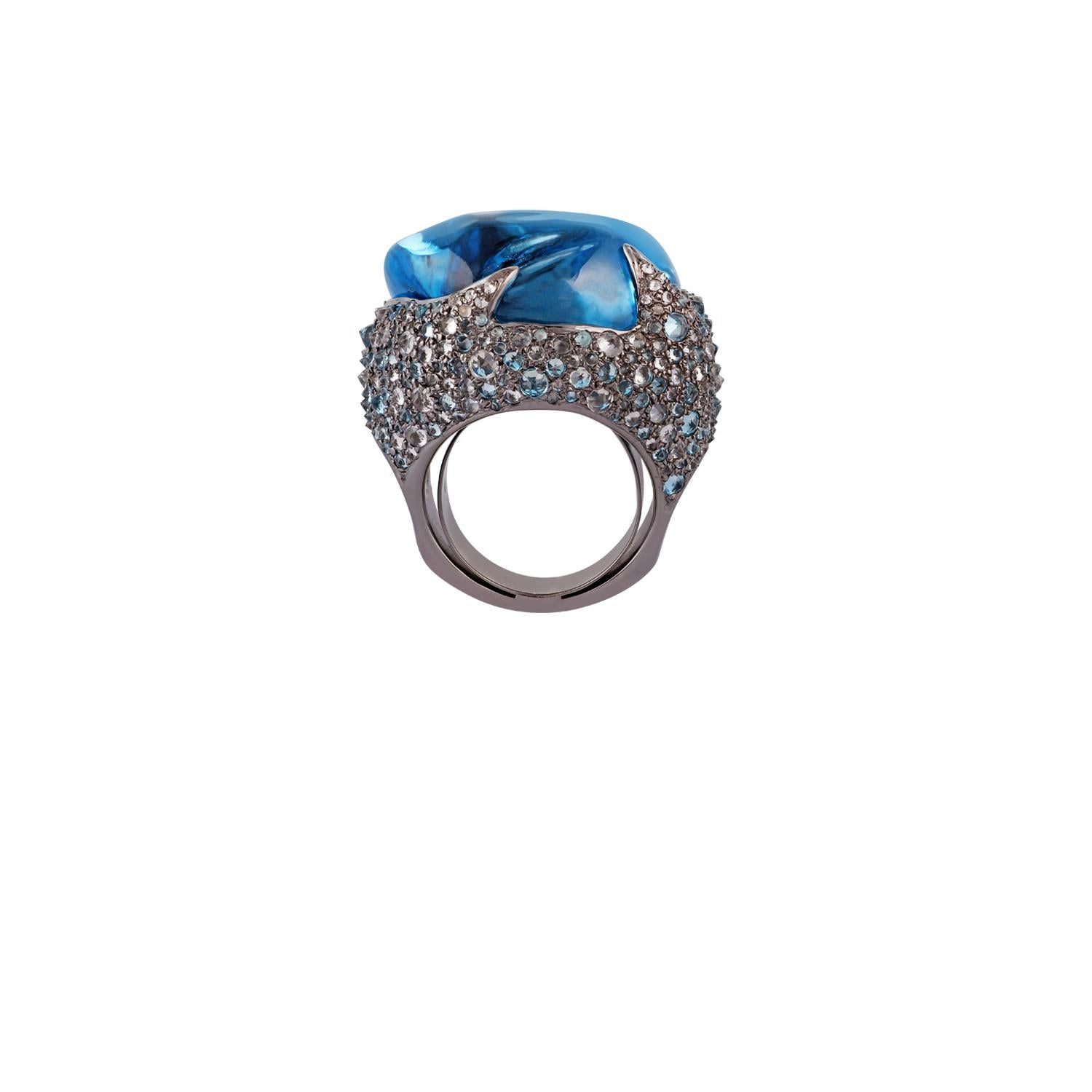 Sugarloaf Cabochon Antique Victorian Blue Topaz, White Topaz, Diamond Ring in Gold & Silver For Sale
