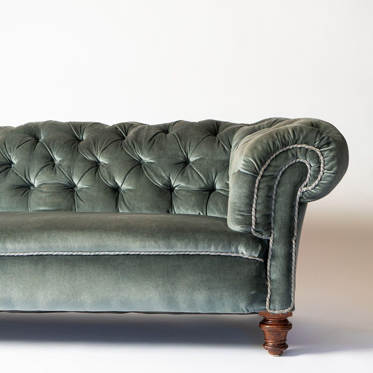 British Antique Victorian Blue Velvet Button Back Chesterfield Sofa