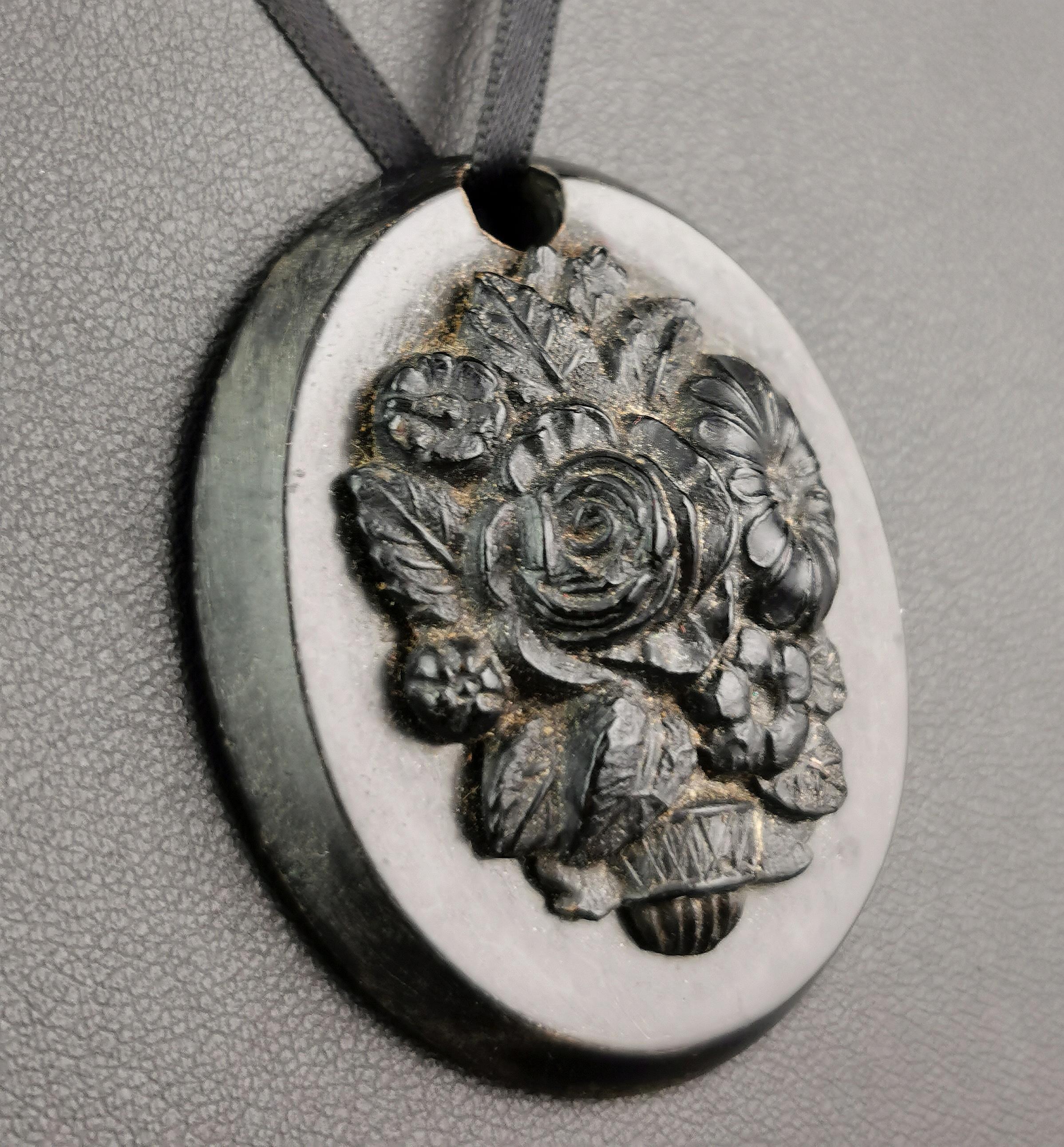 Women's Antique Victorian bog oak flower pendant  For Sale