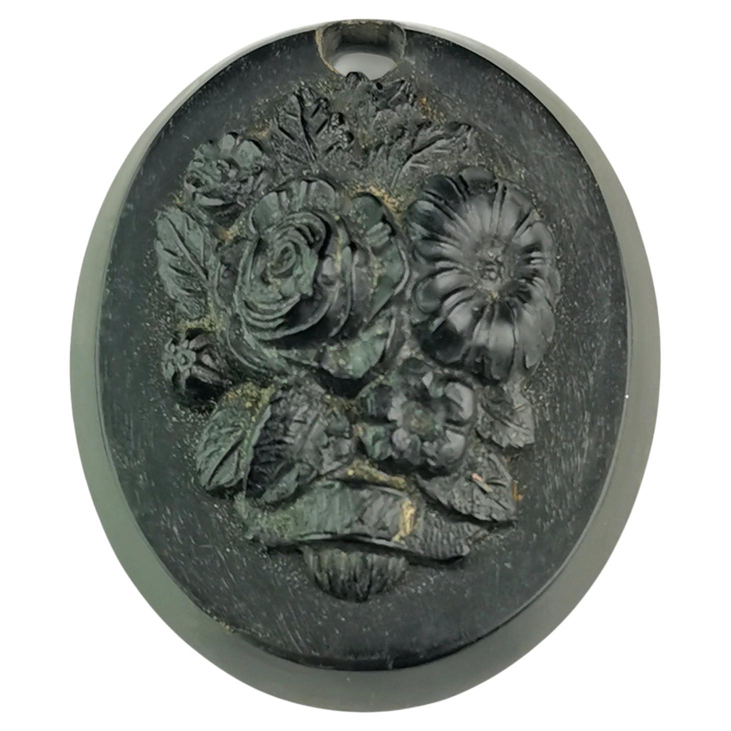 Antique Victorian bog oak flower pendant 