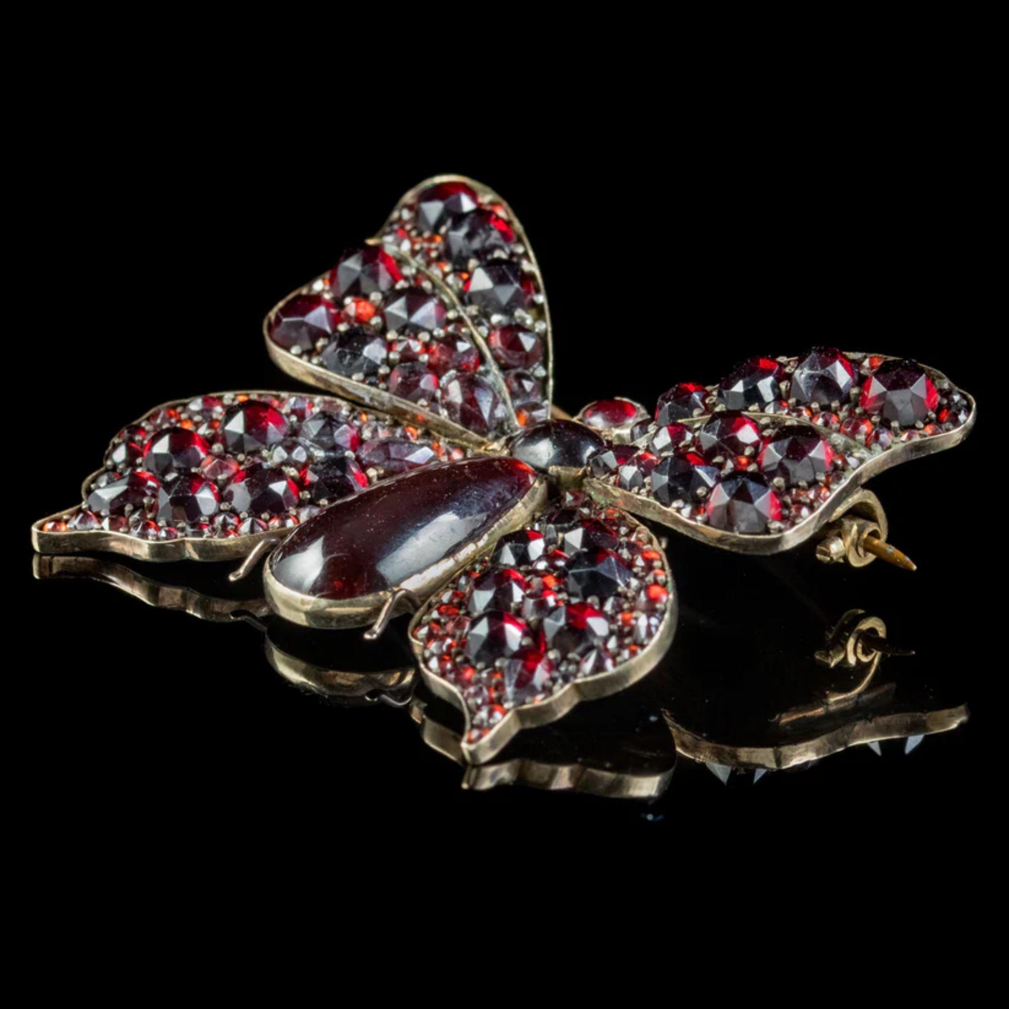 Old European Cut Antique Victorian Bohemian Garnet Butterfly Brooch, circa 1880 – 1900 For Sale