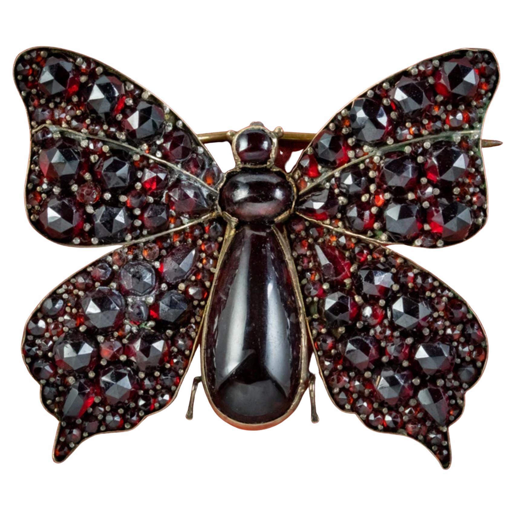 Antique Victorian Bohemian Garnet Butterfly Brooch, circa 1880 – 1900 For Sale