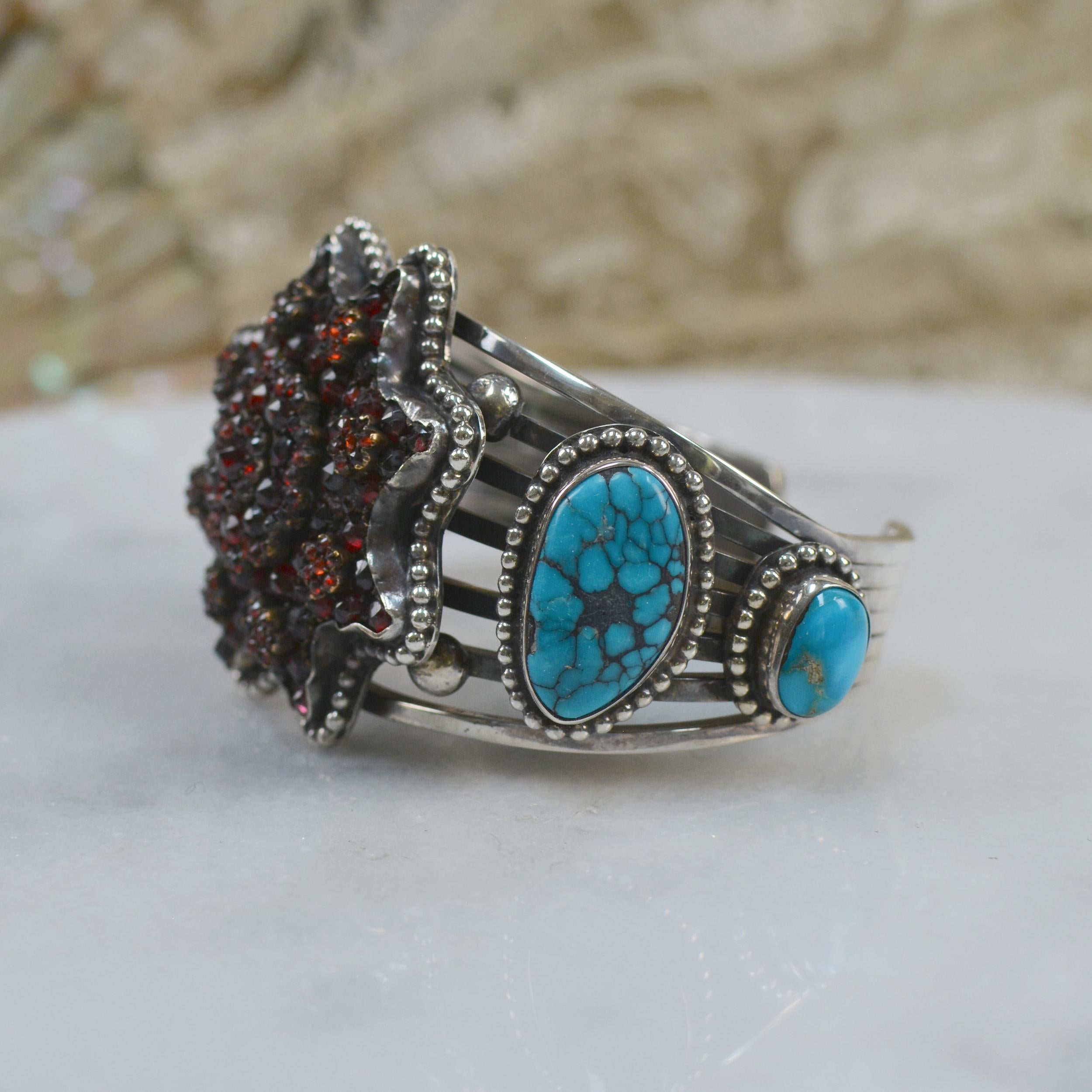 High Victorian Jill Garber Antique Bohemian Garnet Eight Point Star and Turquoise Cuff Bracelet For Sale