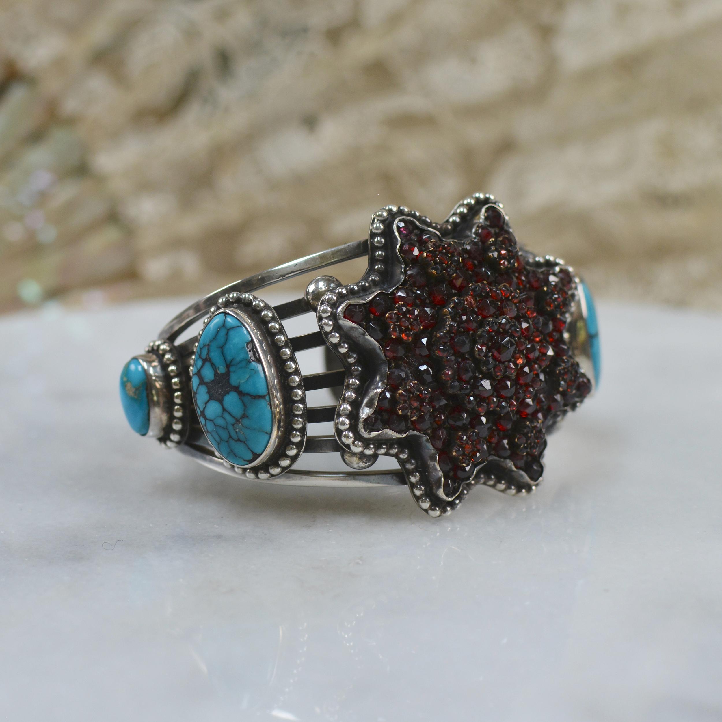 Rose Cut Jill Garber Antique Bohemian Garnet Eight Point Star and Turquoise Cuff Bracelet For Sale