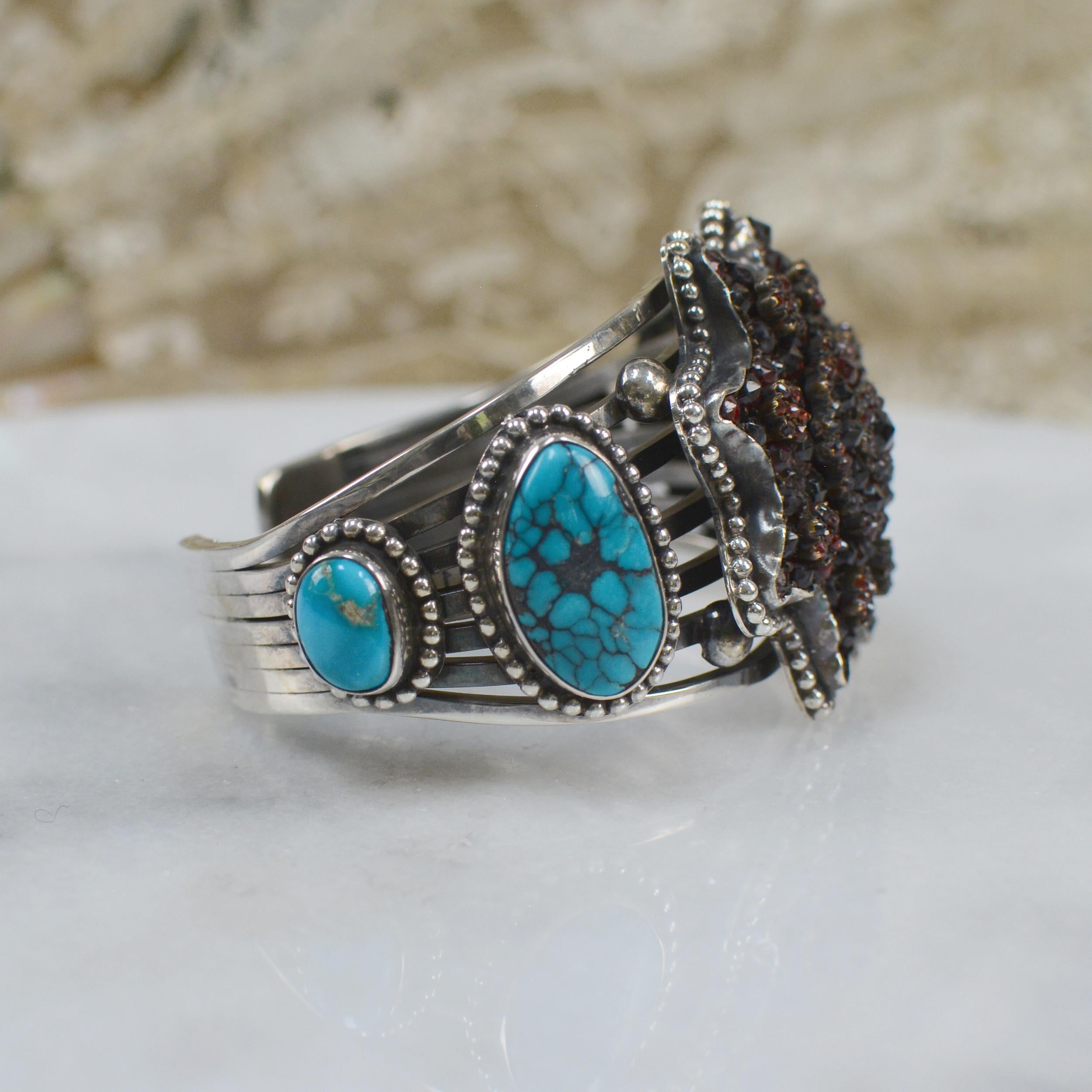 Jill Garber Antique Bohemian Garnet Eight Point Star and Turquoise Cuff Bracelet In Excellent Condition For Sale In Saginaw, MI
