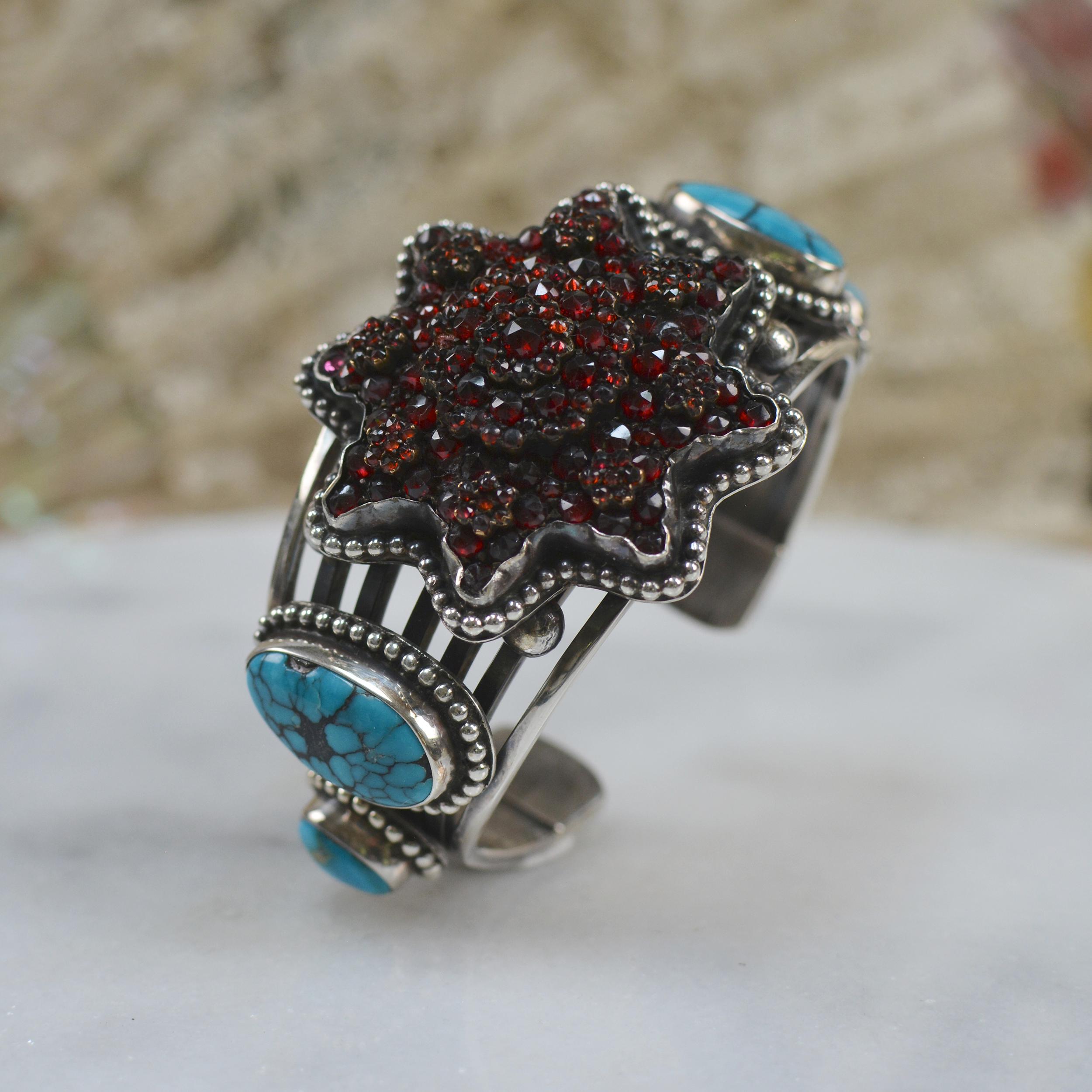 Jill Garber Antique Bohemian Garnet Eight Point Star and Turquoise Cuff Bracelet For Sale 2