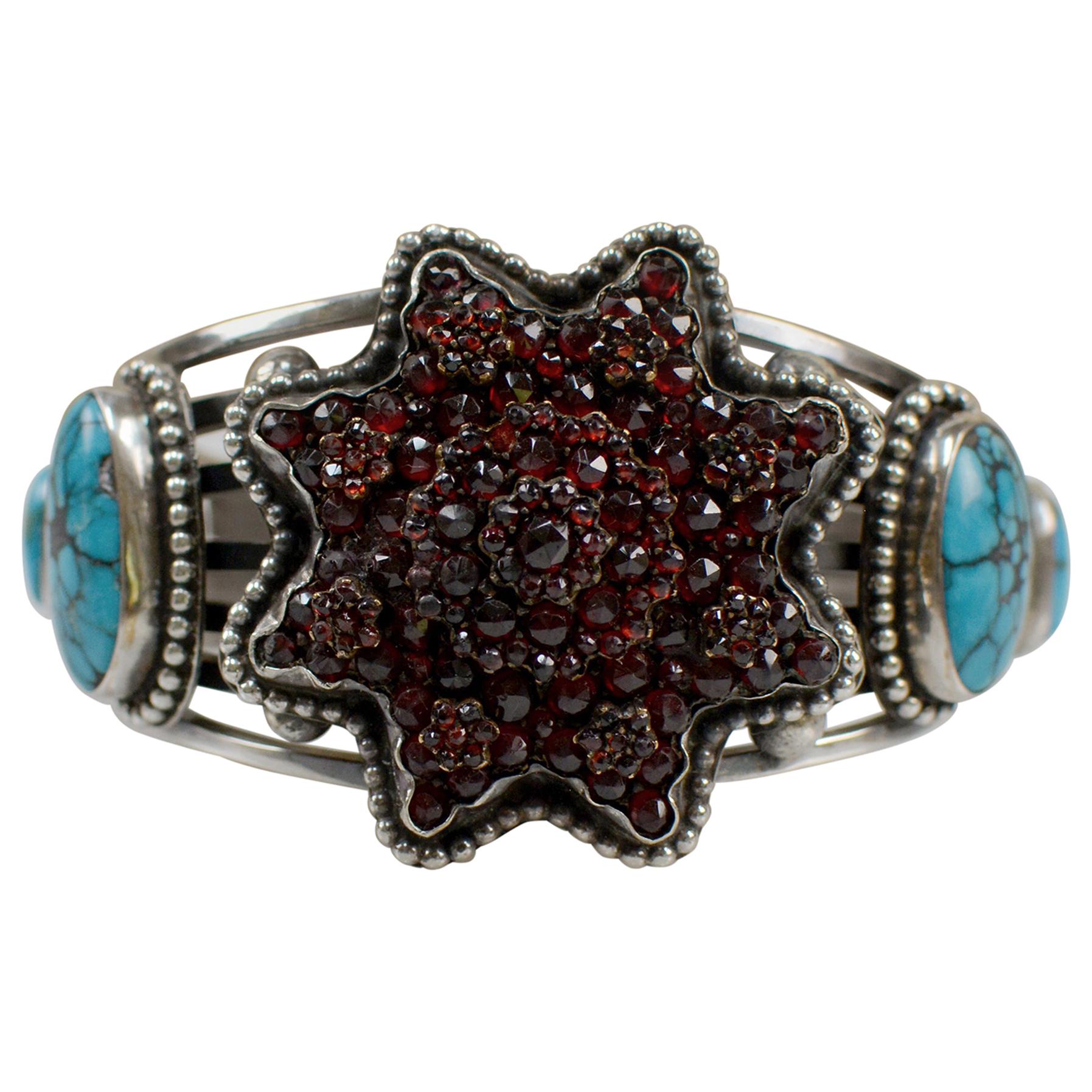 Jill Garber Antique Bohemian Garnet Eight Point Star and Turquoise Cuff Bracelet For Sale