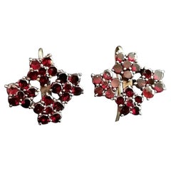 Antique Victorian Bohemian Garnet Flower Earrings, 9 Karat Yellow Gold