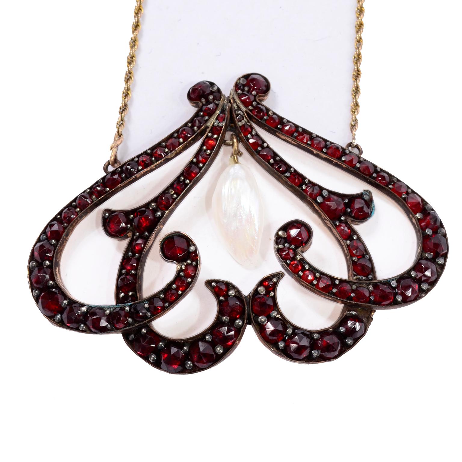 Women's or Men's Antique Victorian Bohemian Garnet & Pearl Drop Pendant Necklace