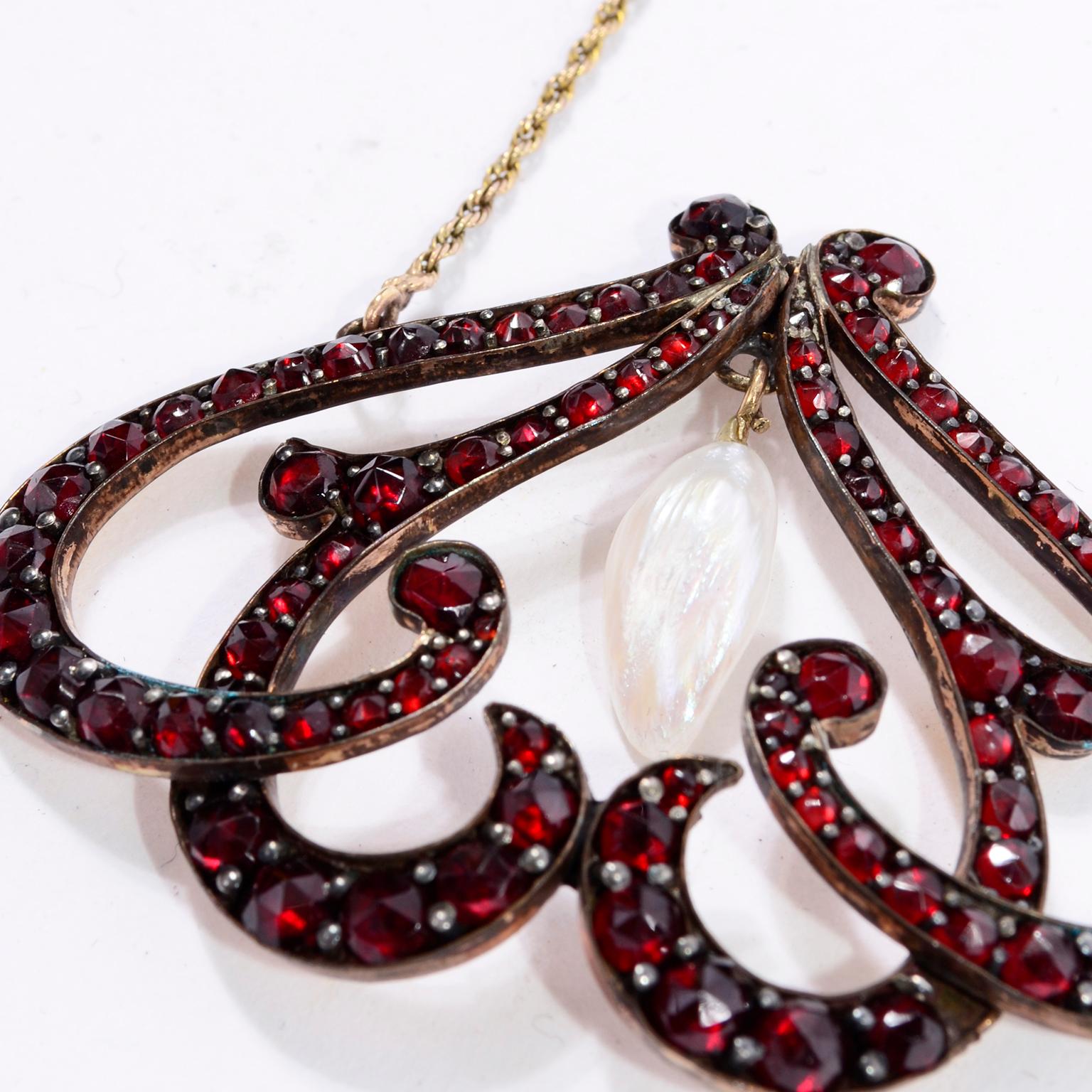 Antique Victorian Bohemian Garnet & Pearl Drop Pendant Necklace 1