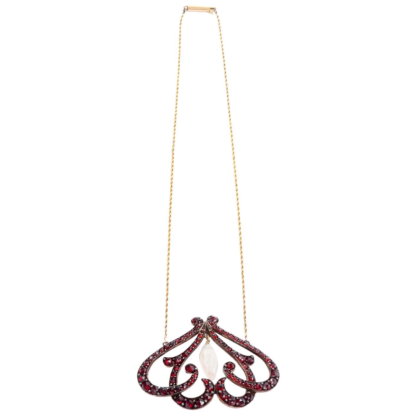Antique Victorian Bohemian Garnet & Pearl Drop Pendant Necklace