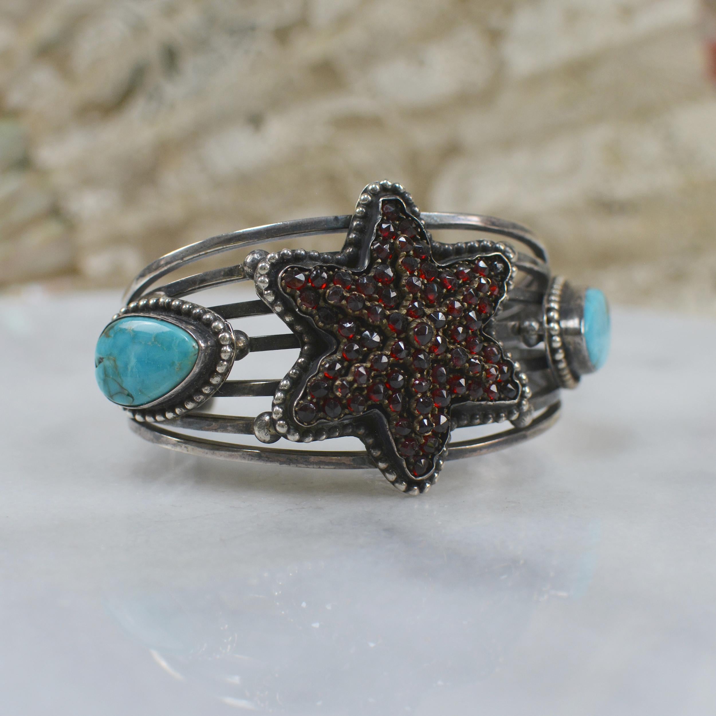 High Victorian Jill Garber Antique Bohemian Garnet Six Point Star with Turquoise Cuff Bracelet For Sale