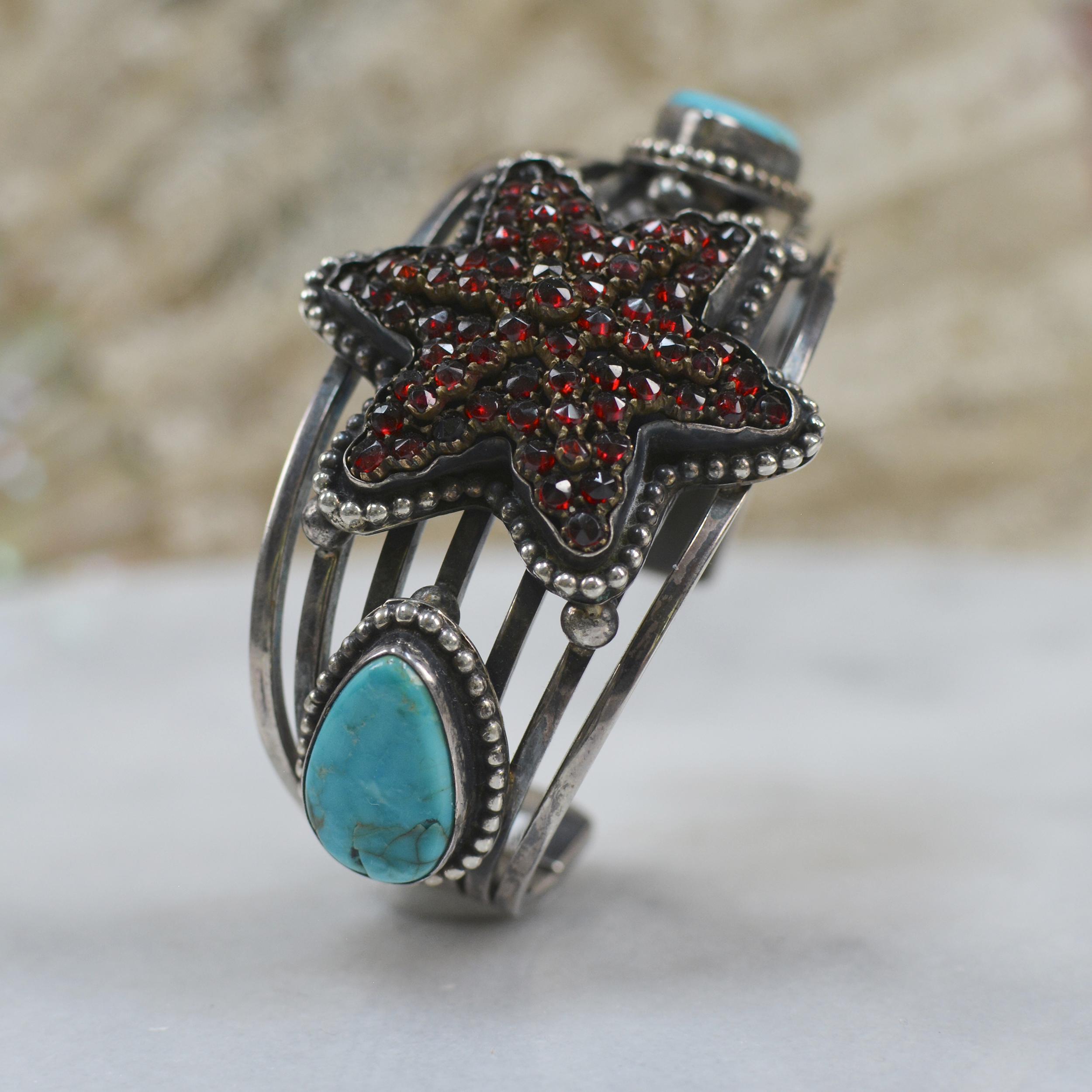 Jill Garber Antique Bohemian Garnet Six Point Star with Turquoise Cuff Bracelet In Excellent Condition For Sale In Saginaw, MI