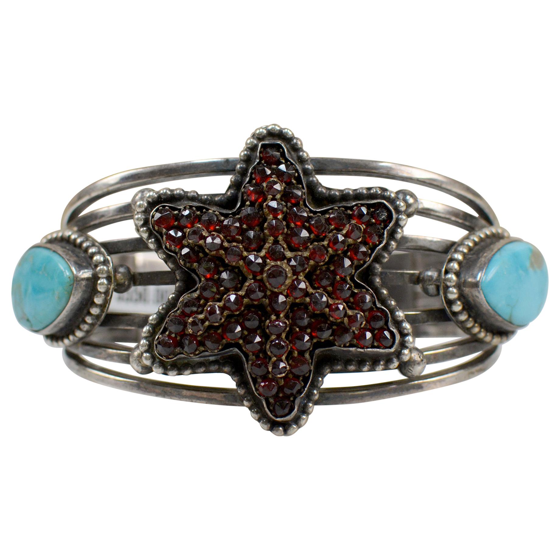 Jill Garber Antique Bohemian Garnet Six Point Star with Turquoise Cuff Bracelet For Sale