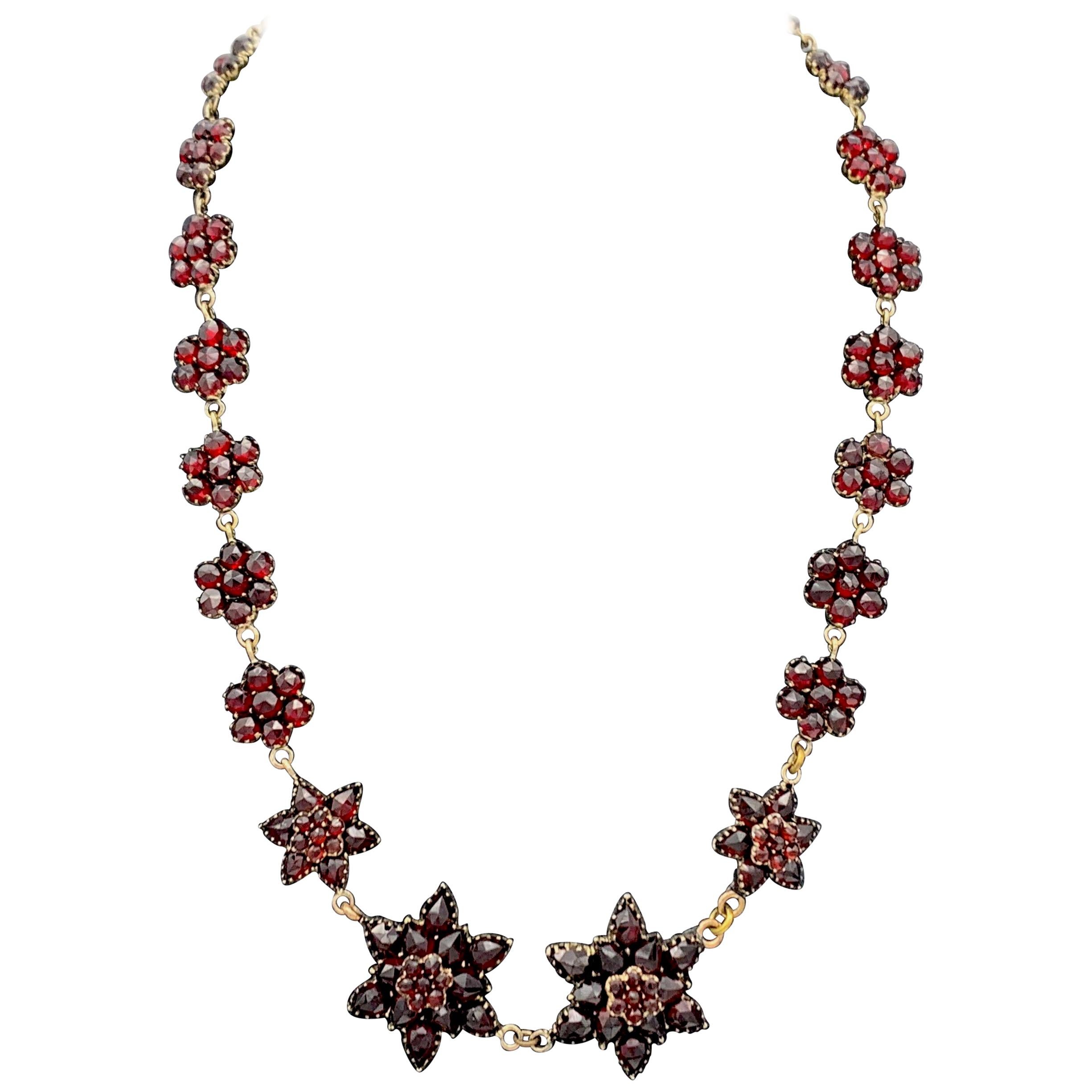Antique Victorian Bohemian Garnet Stars Silver Gilt Necklace