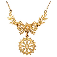 Antique Victorian Bow Necklace with Split Pearls in 15K Yellow Gold.