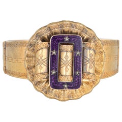 Antique Victorian Bracelet 14 Karat Gold Purple Guilloche Enamel Ribbon Estate