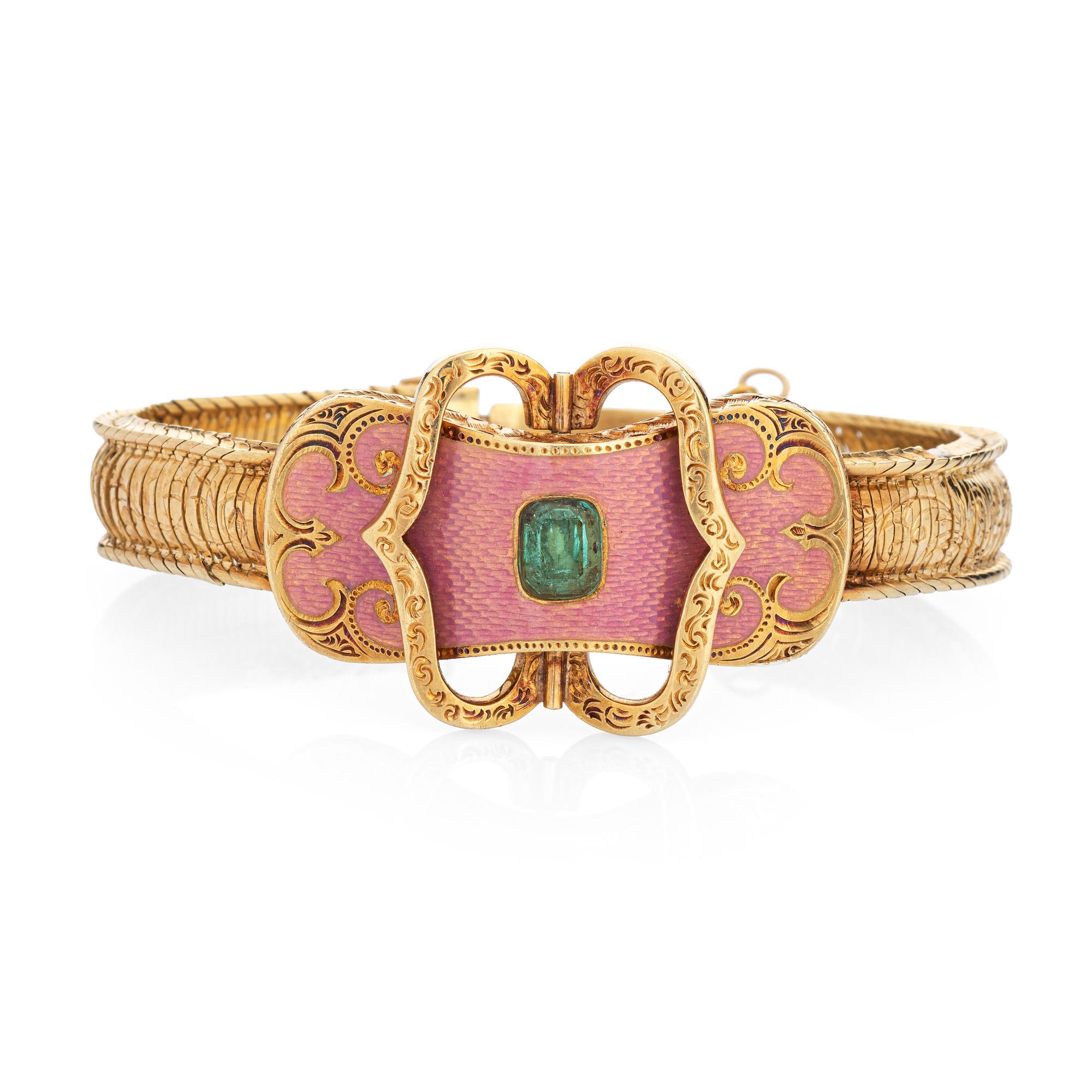Emerald Cut Antique Victorian Bracelet Pink Enamel Emerald 18k Yellow Gold Jewelry For Sale