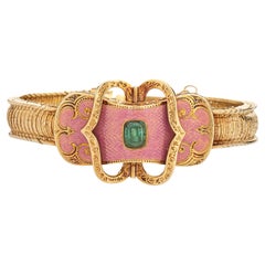 Antique Victorian Bracelet Pink Enamel Emerald 18k Yellow Gold Jewelry