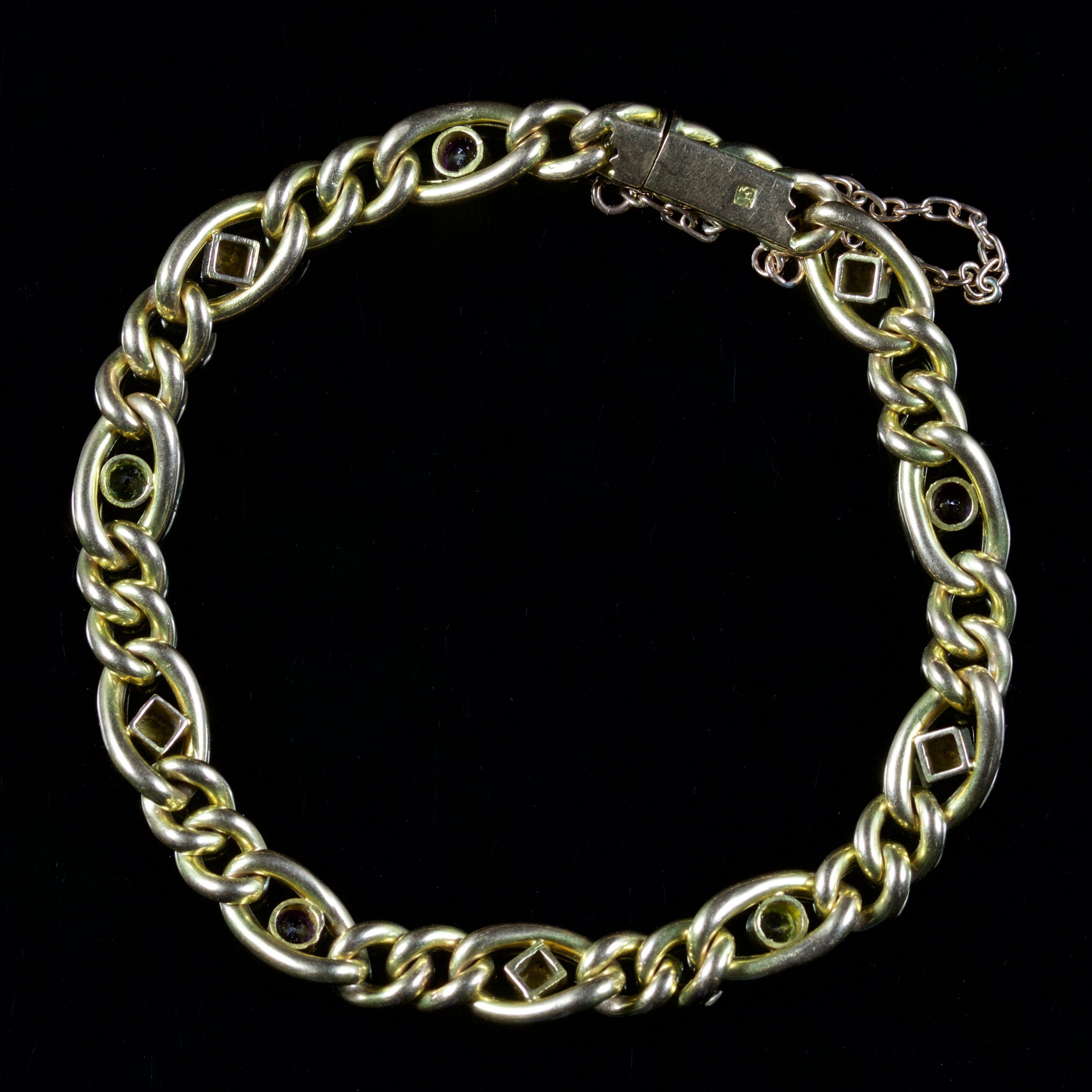 This spectacular Victorian Suffragette bracelet is 15ct Gold, Circa 1900.

The bracelet is decorated with a combination of rich green Peridot’s, violet Amethyst’s and creamy Pearls.

Suffragettes liked to be depicted as feminine, their jewellery