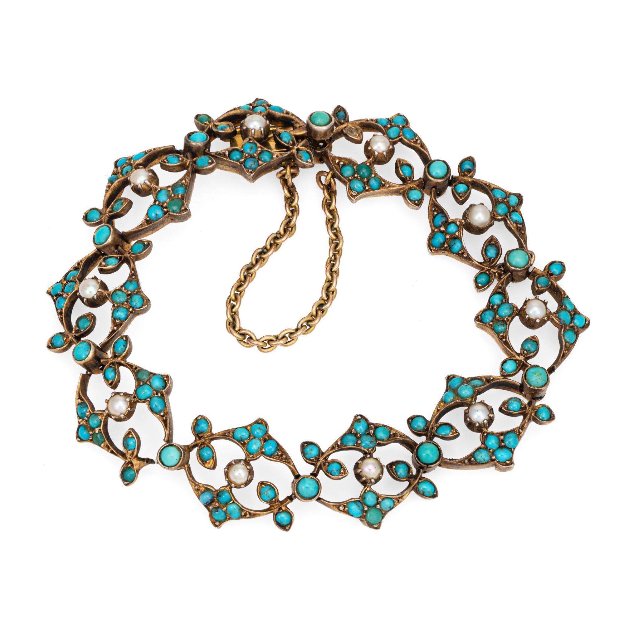 Antique Bracelet Victorien Turquoise Perle Or Jaune 14k 6.5