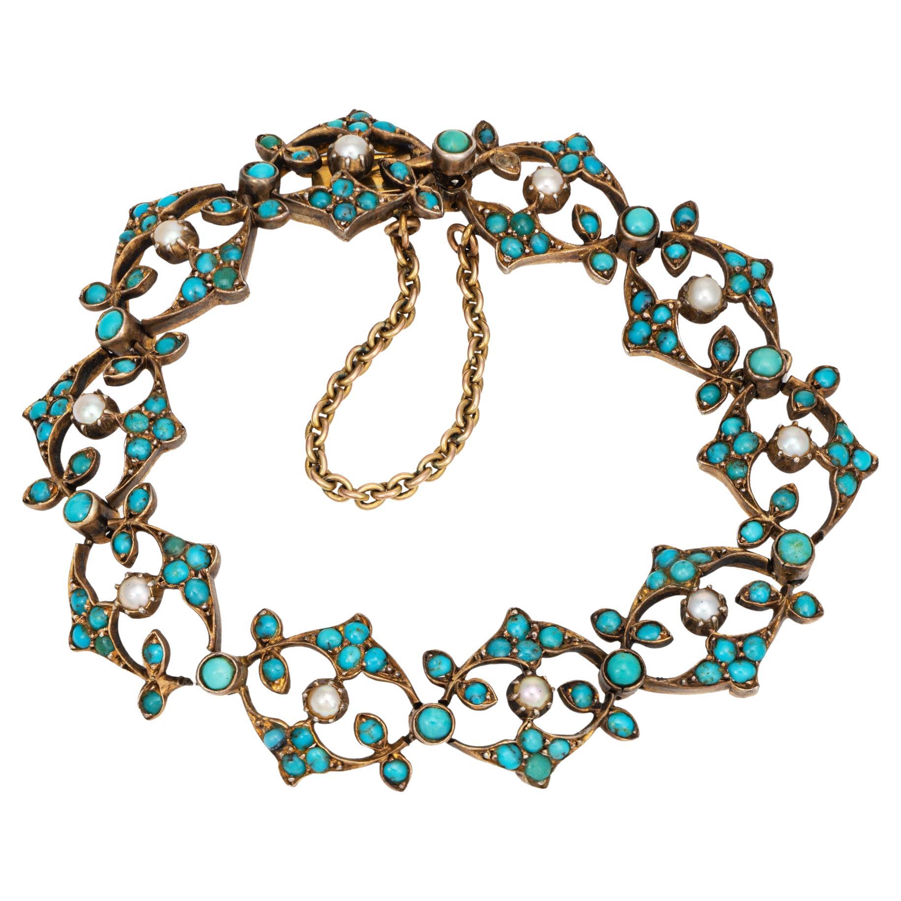 Antique Bracelet Victorien Turquoise Perle Or Jaune 14k 6.5" Feuille Botanique en vente