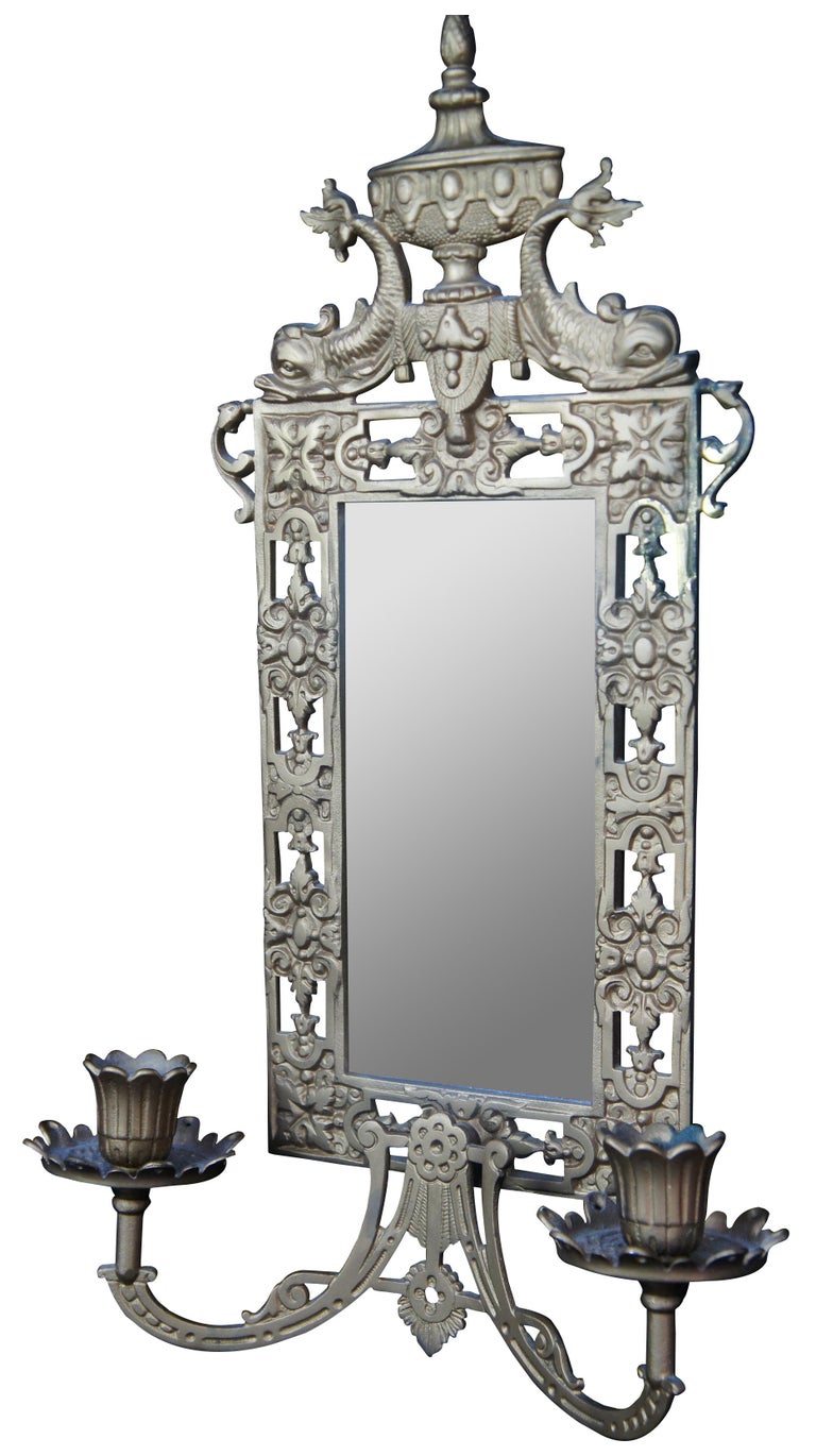 Antique Victorian Bradley Hubbard Brass Wall Mirror Candle Holder
