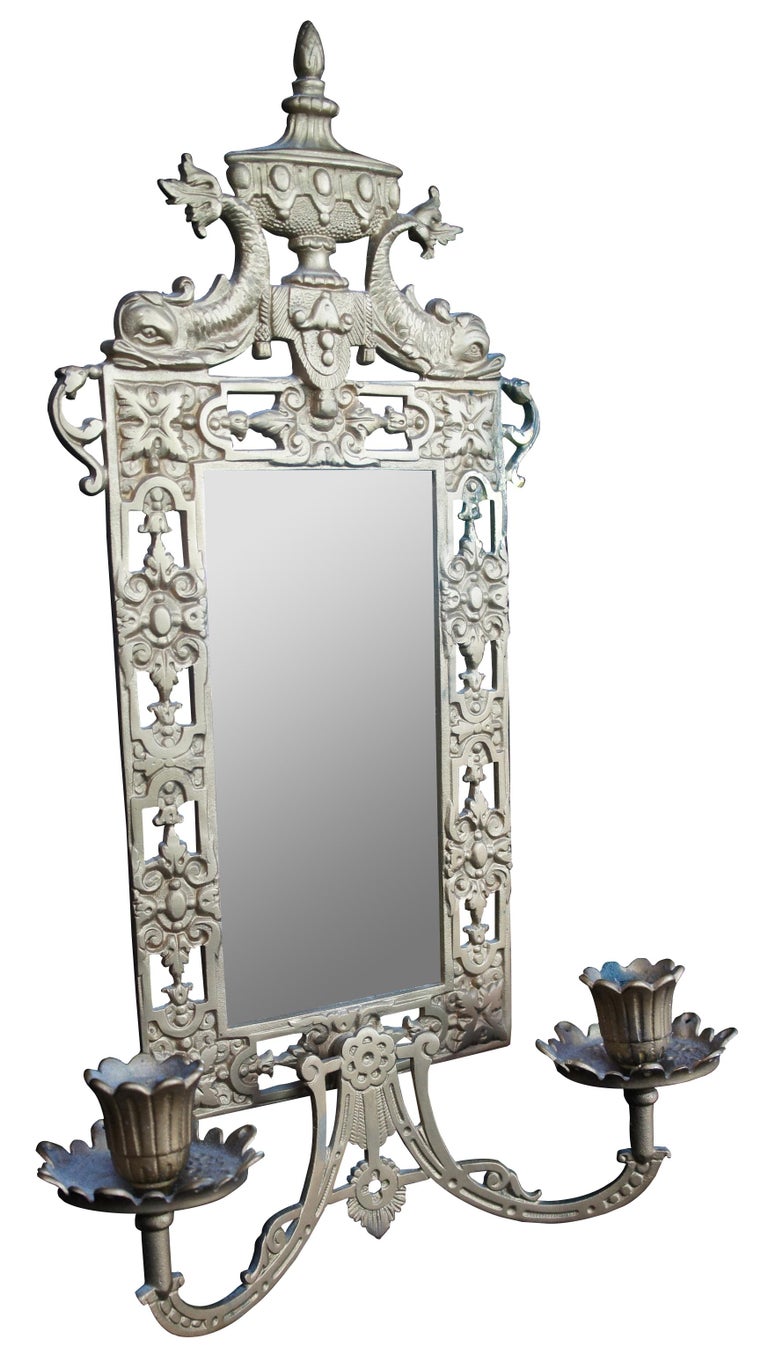 Antique Victorian Bradley Hubbard Brass Wall Mirror Candle Holder Sconce For Sale at 1stDibs