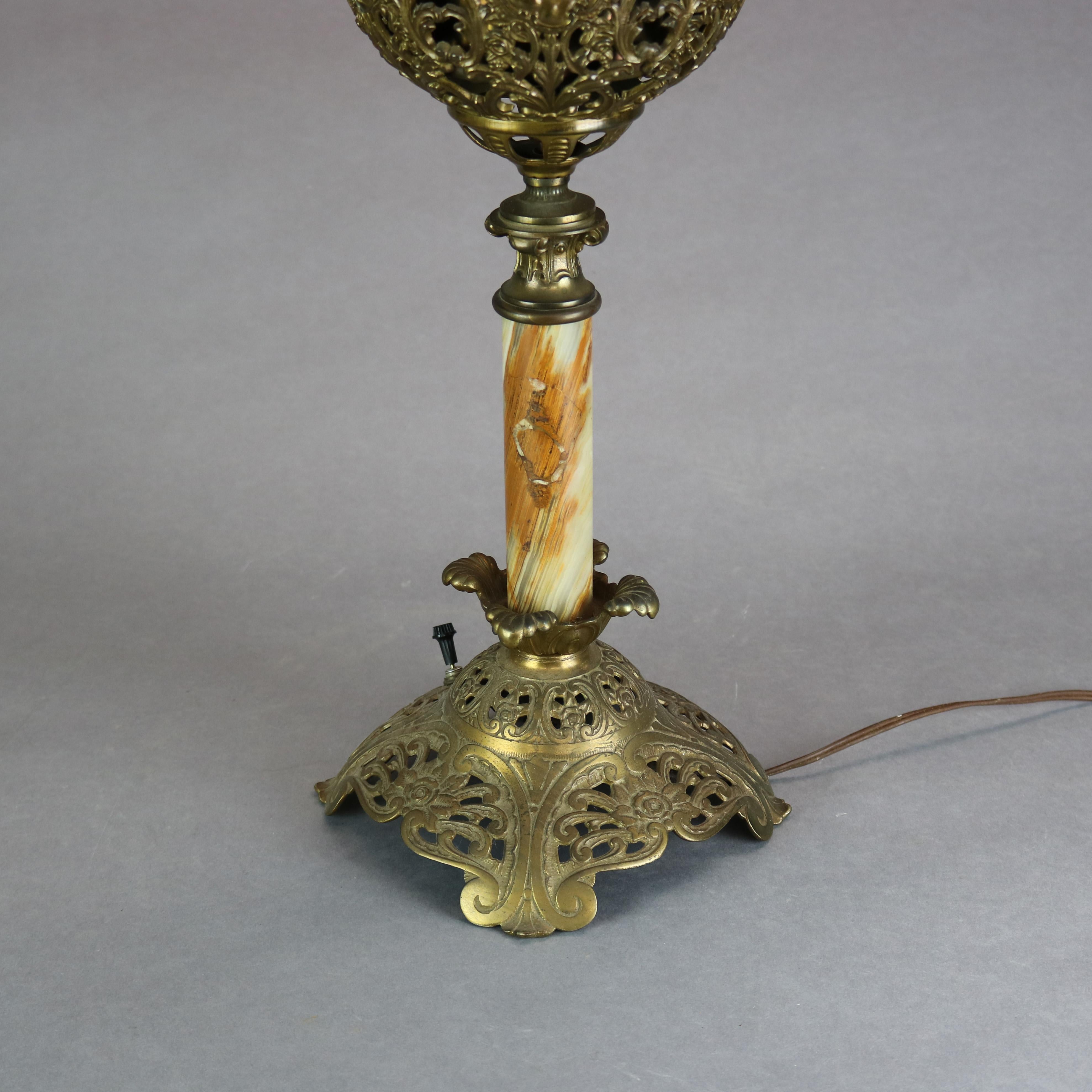 American Antique Victorian Bradley & Hubbard Gilt Metal & Onyx Parlor Lamp, c1890