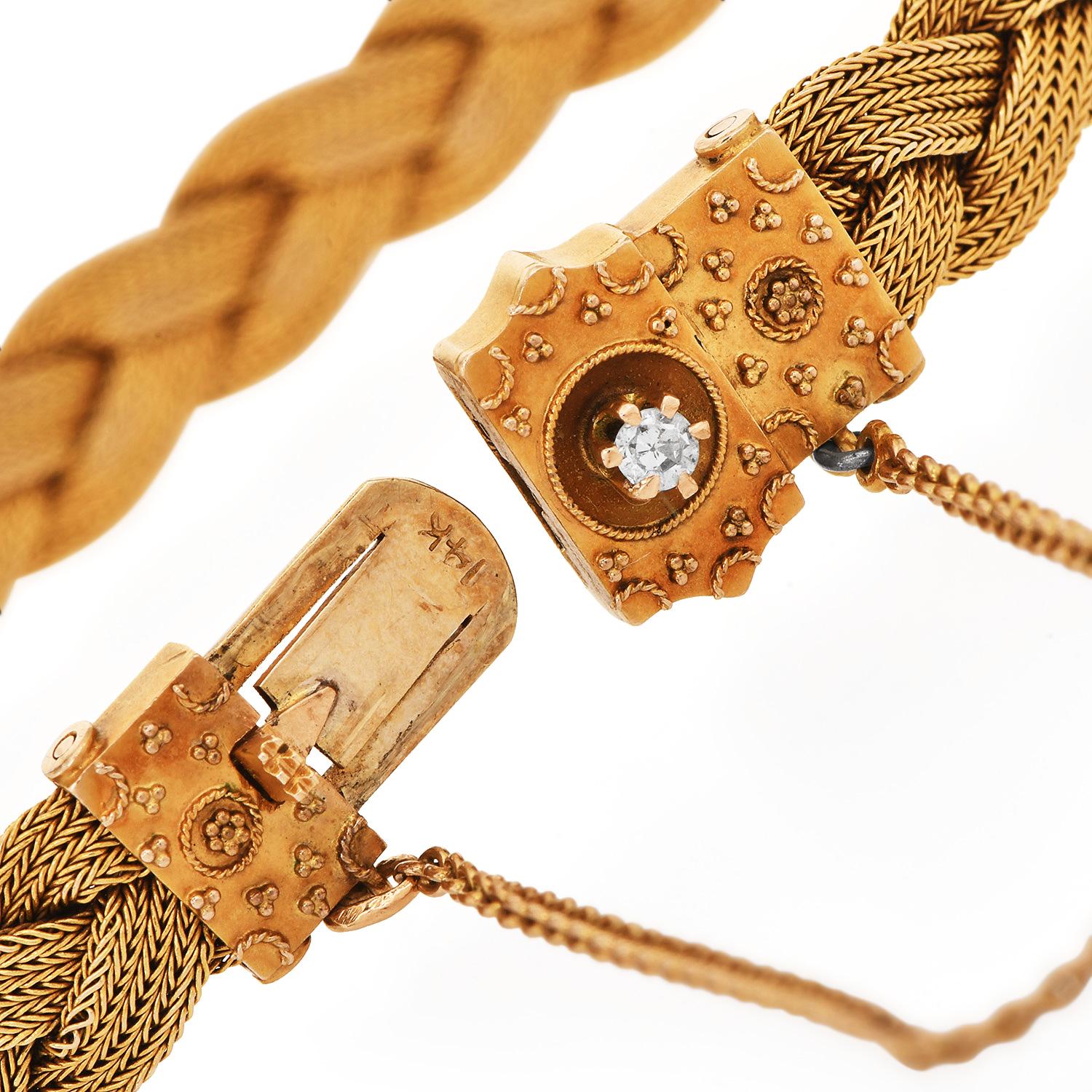 Taglio rotondo Bracciale antico vittoriano con diamanti intrecciati in oro giallo 14k in vendita
