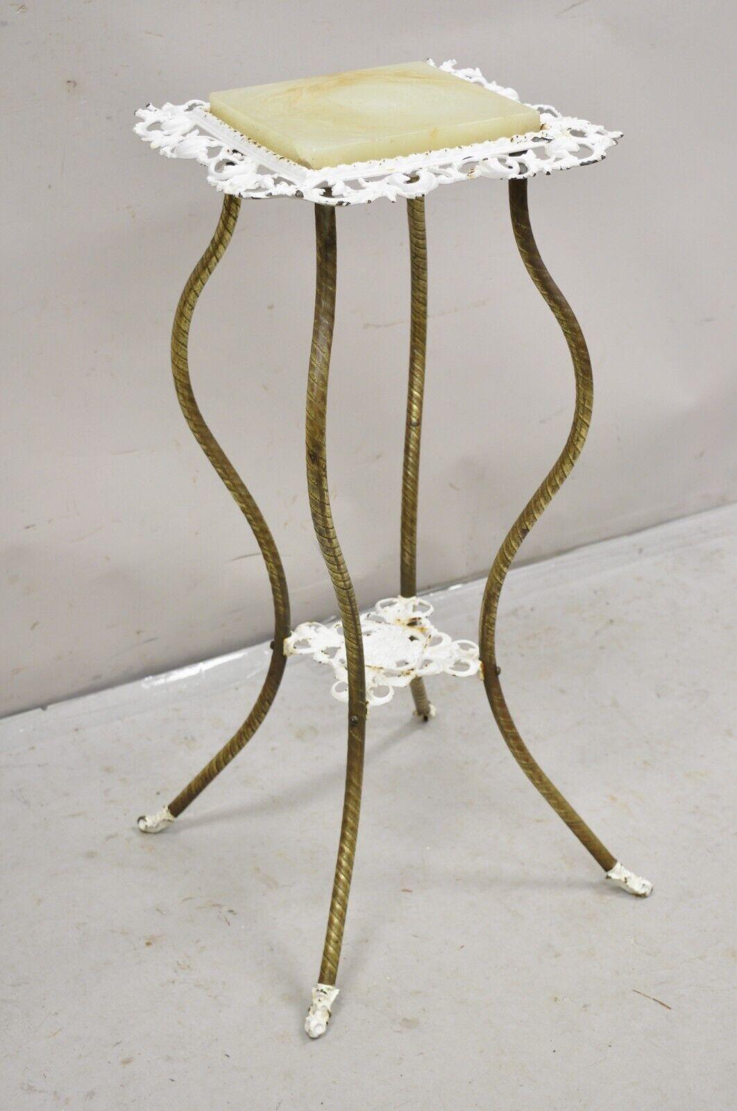 Antique Victorian Brass 2 Tier Onyx Stone Top Plant Stand Pedestal Side Table For Sale 4