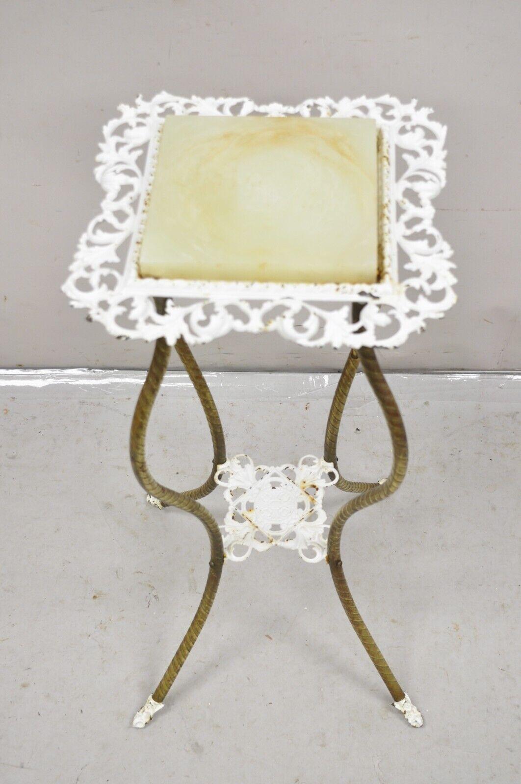 Antique Victorian Brass 2 Tier Onyx Stone Top Plant Stand Pedestal Side Table with White Painted Accents. Circa 1900. Measurements: 30.5