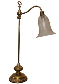 Antique Victorian Brass Adjustable Student Reading Lamp with Etched Glass Shade
