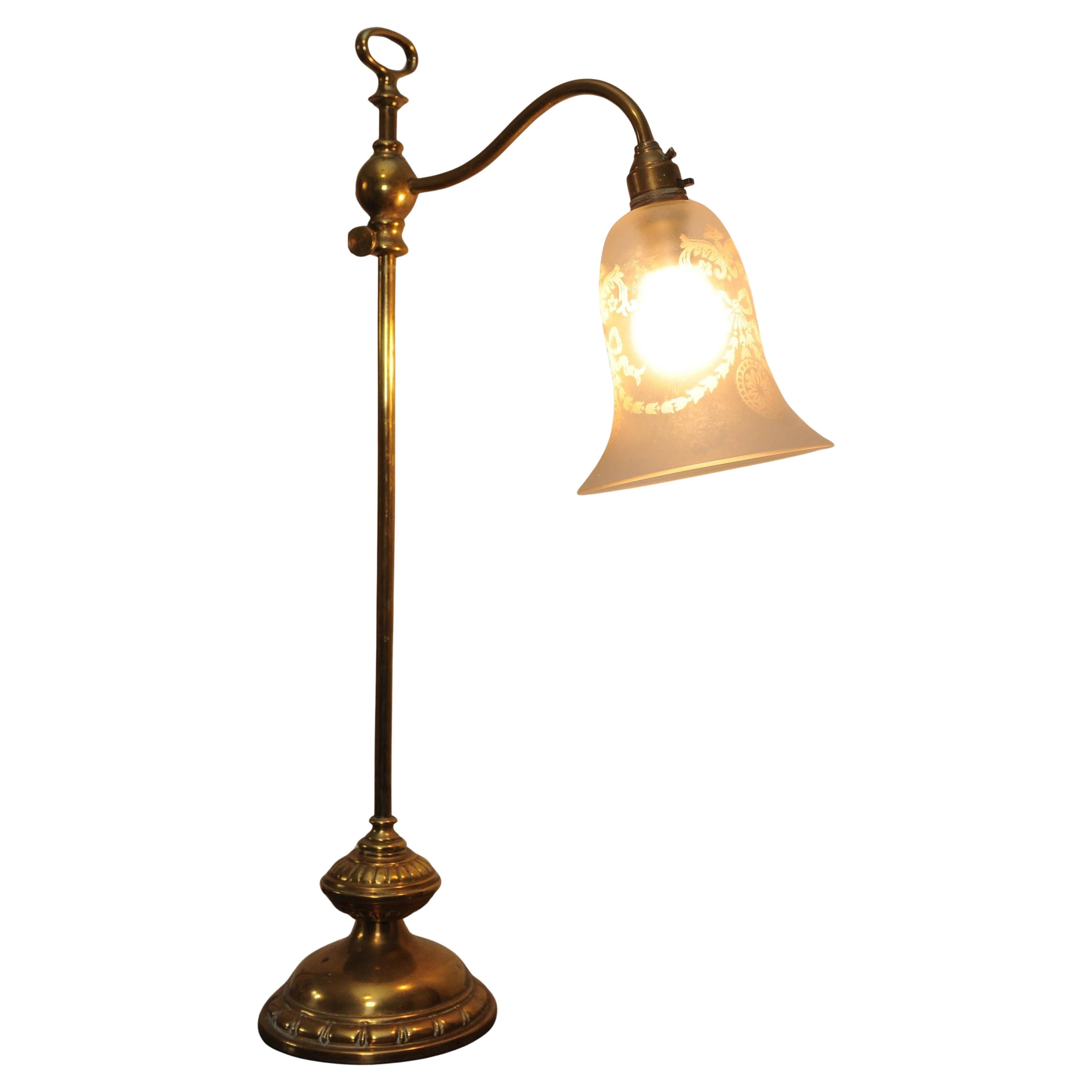 Antique Victorian Brass Adjustable Student Reading Lamp with Etched Glass Shade