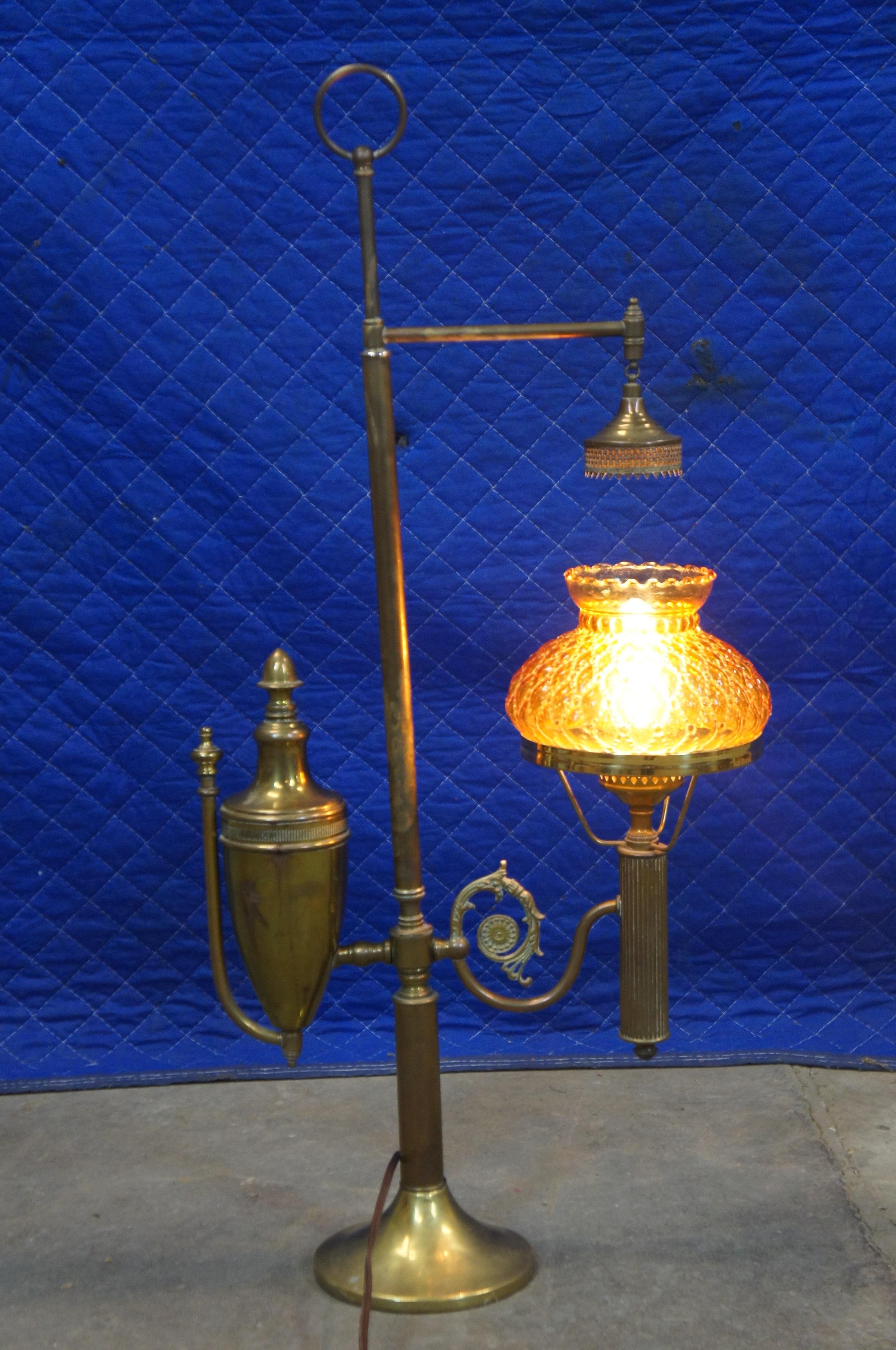 Antique Victorian Brass Amber Glass Students Parlor Desk Lamp Lantern 6