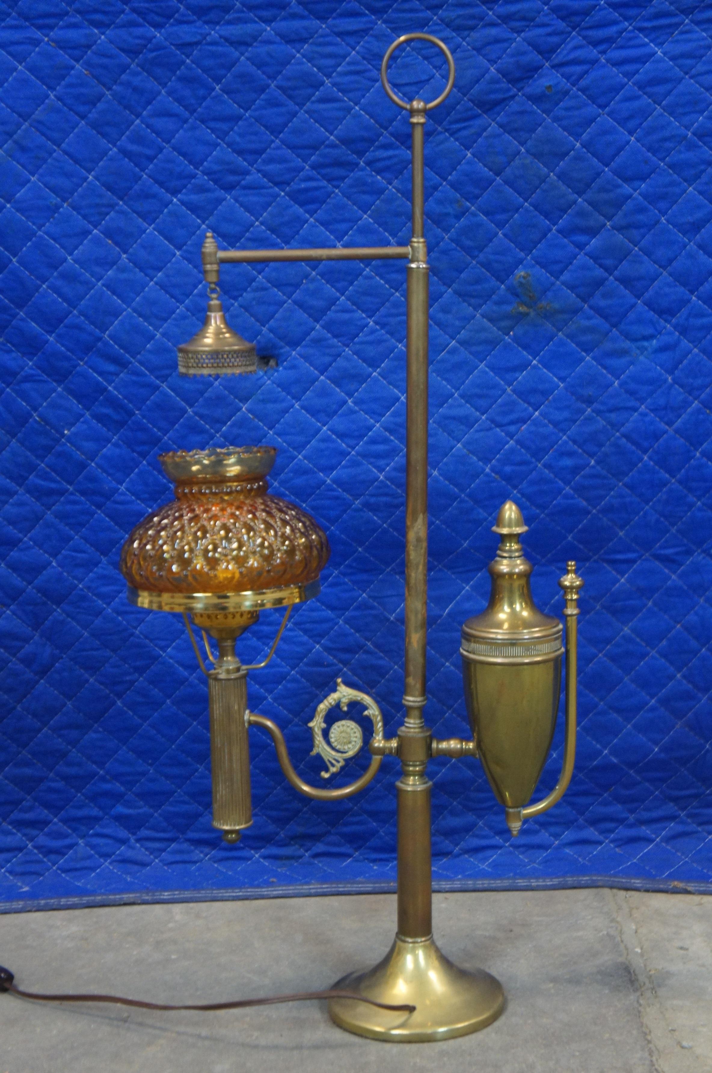 Antique Victorian Brass Amber Glass Students Parlor Desk Lamp Lantern In Good Condition In Dayton, OH