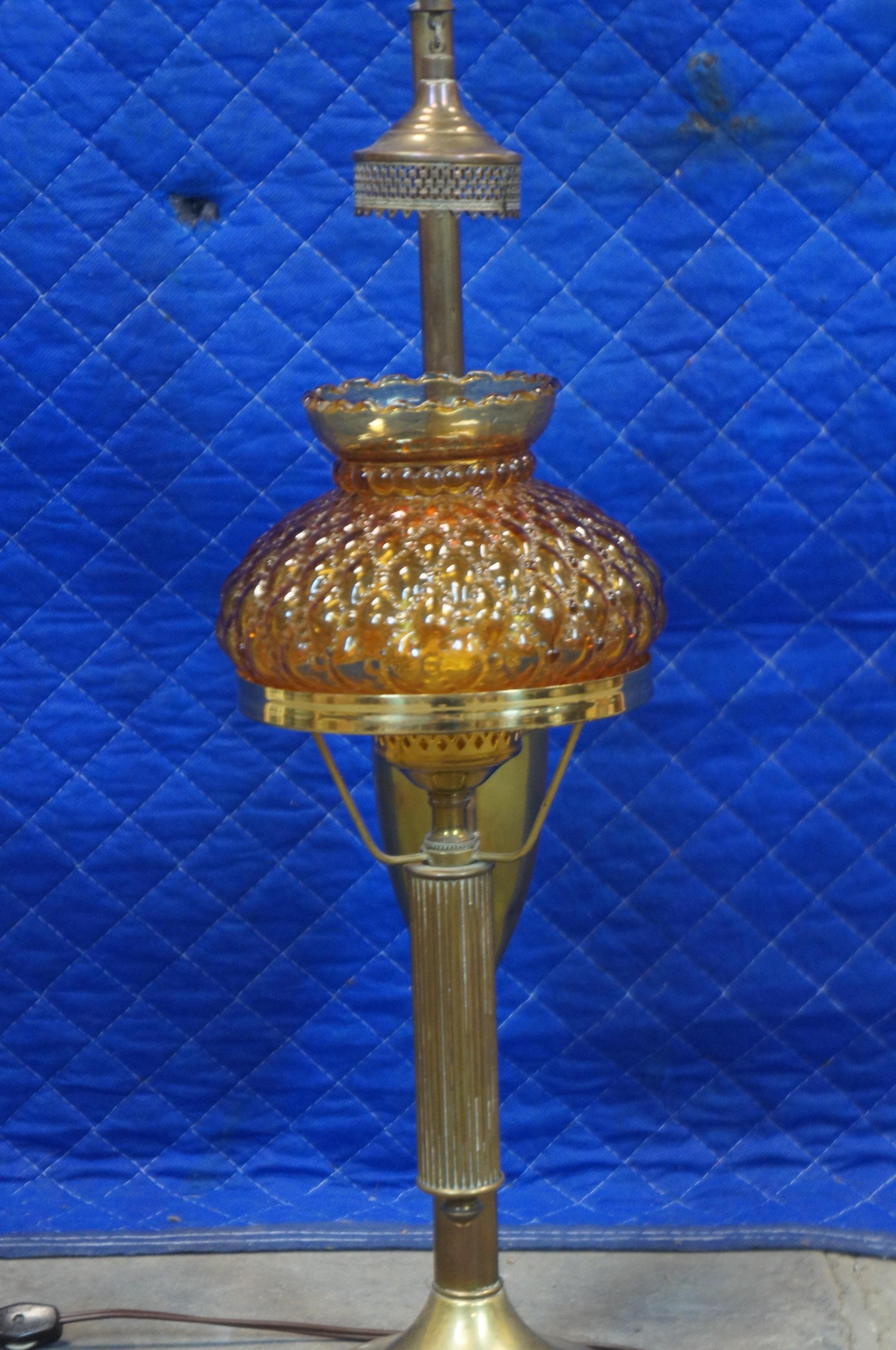 20th Century Antique Victorian Brass Amber Glass Students Parlor Desk Lamp Lantern