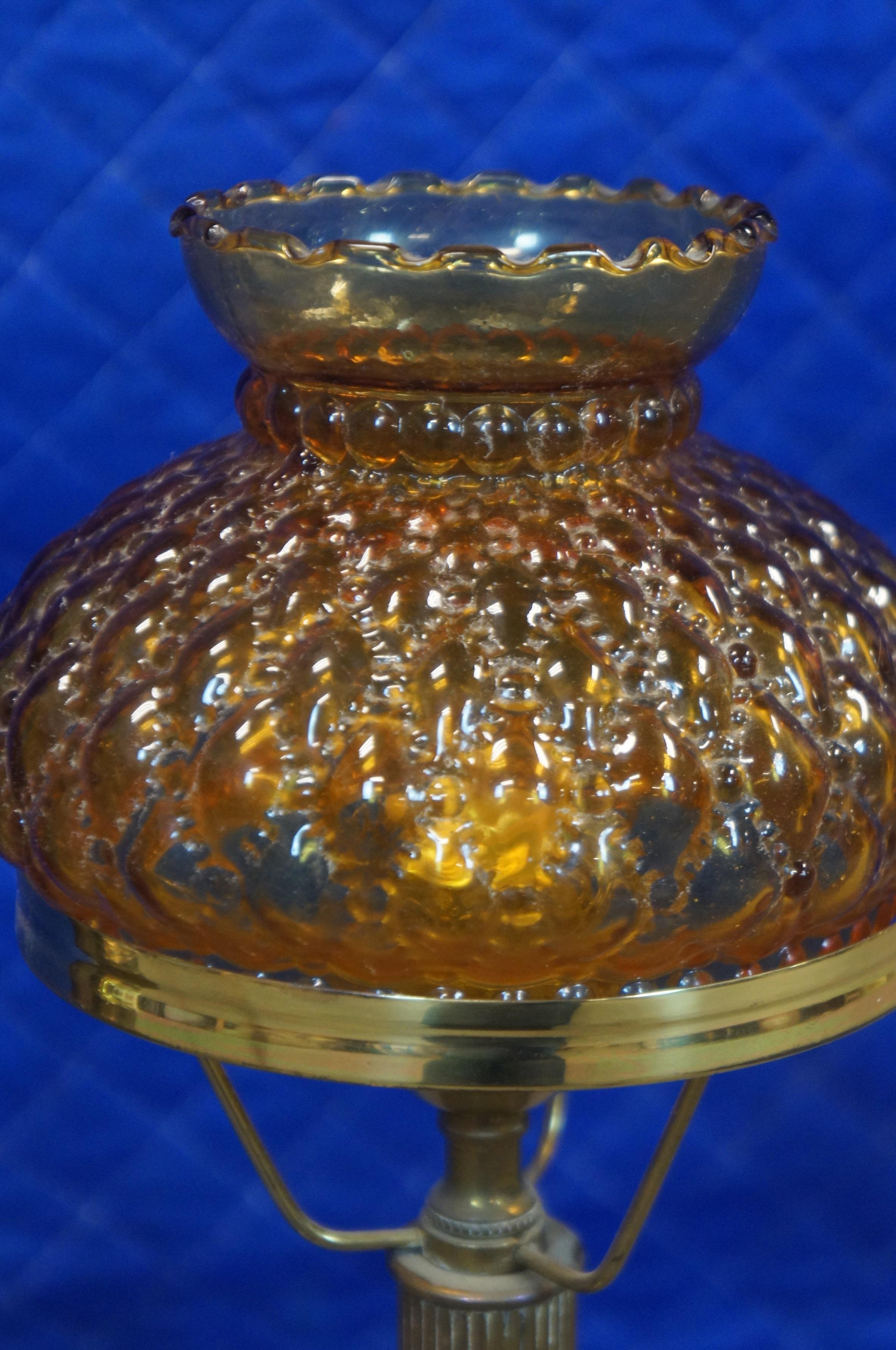 Antique Victorian Brass Amber Glass Students Parlor Desk Lamp Lantern 2