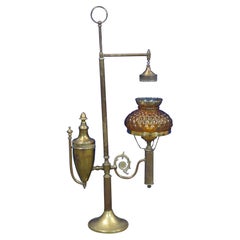 Antique Victorian Brass Amber Glass Students Parlor Desk Lamp Lantern